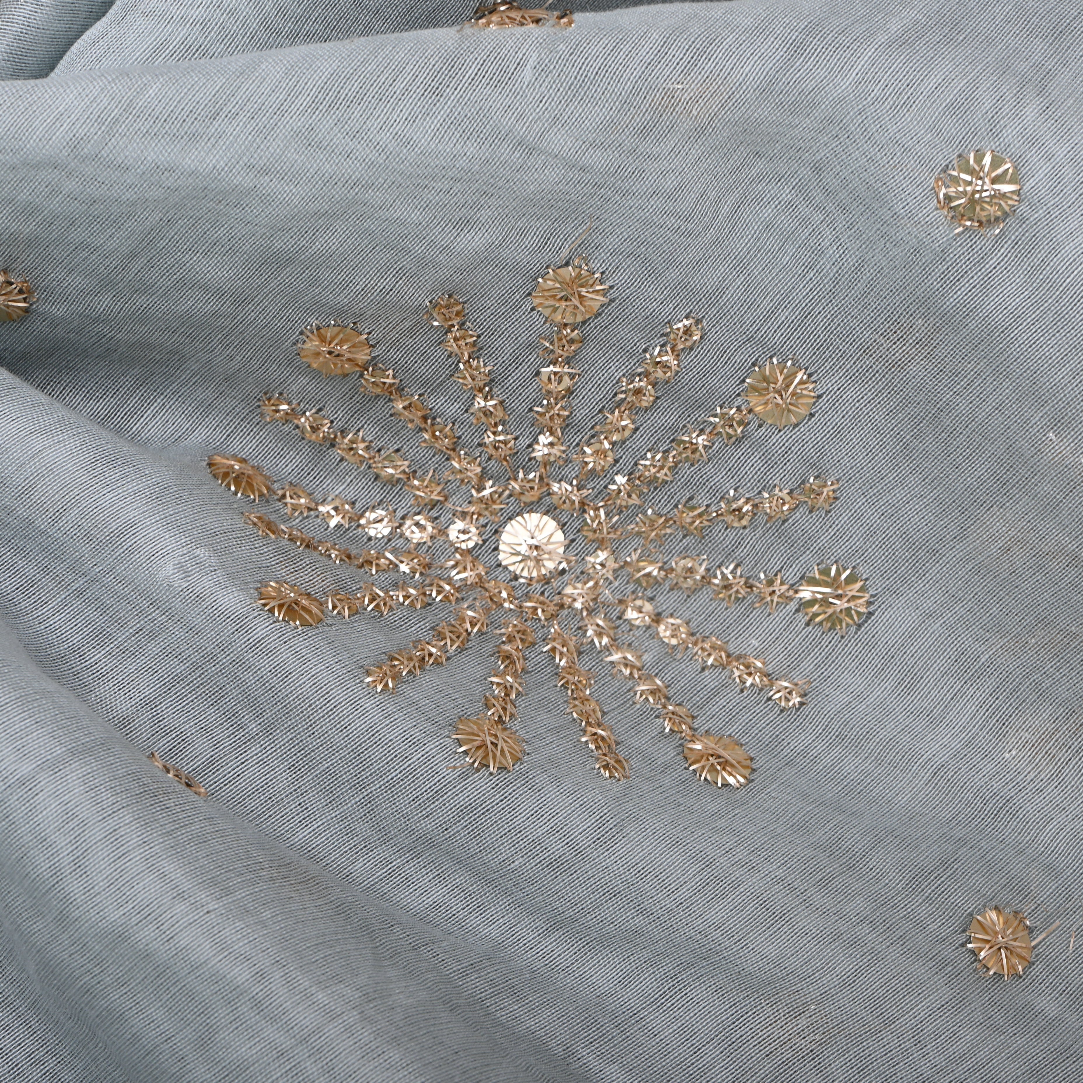 Bluish Grey Floral Embroidered Chanderi Fabric