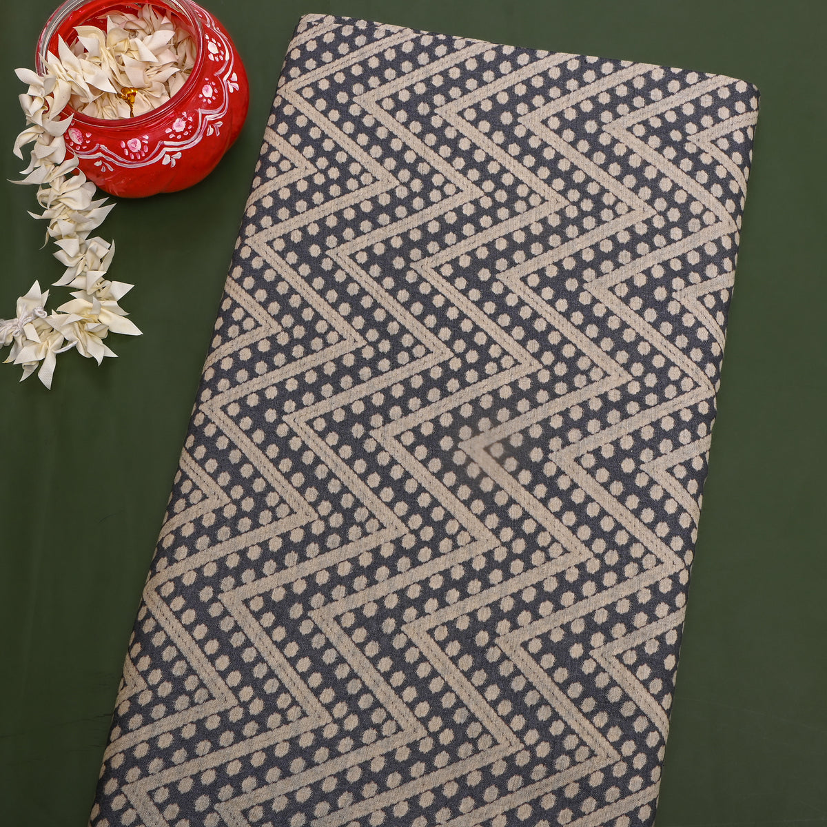 Slate Dot Zig-Zag Woven Tusser Fabric