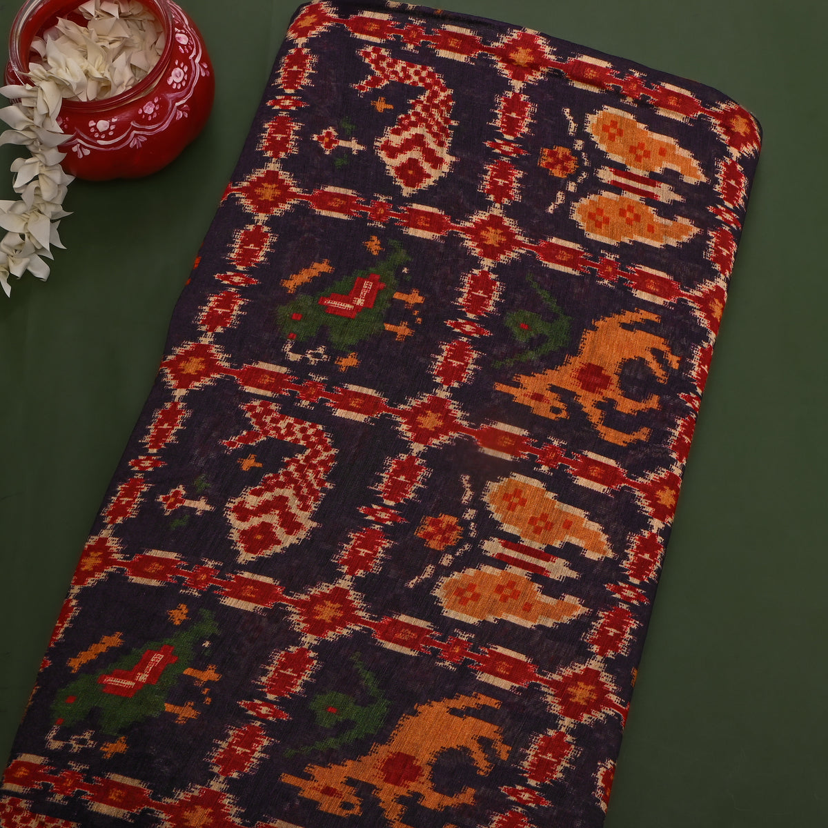Ink Black Patola Ikat Dupion Silk Fabric