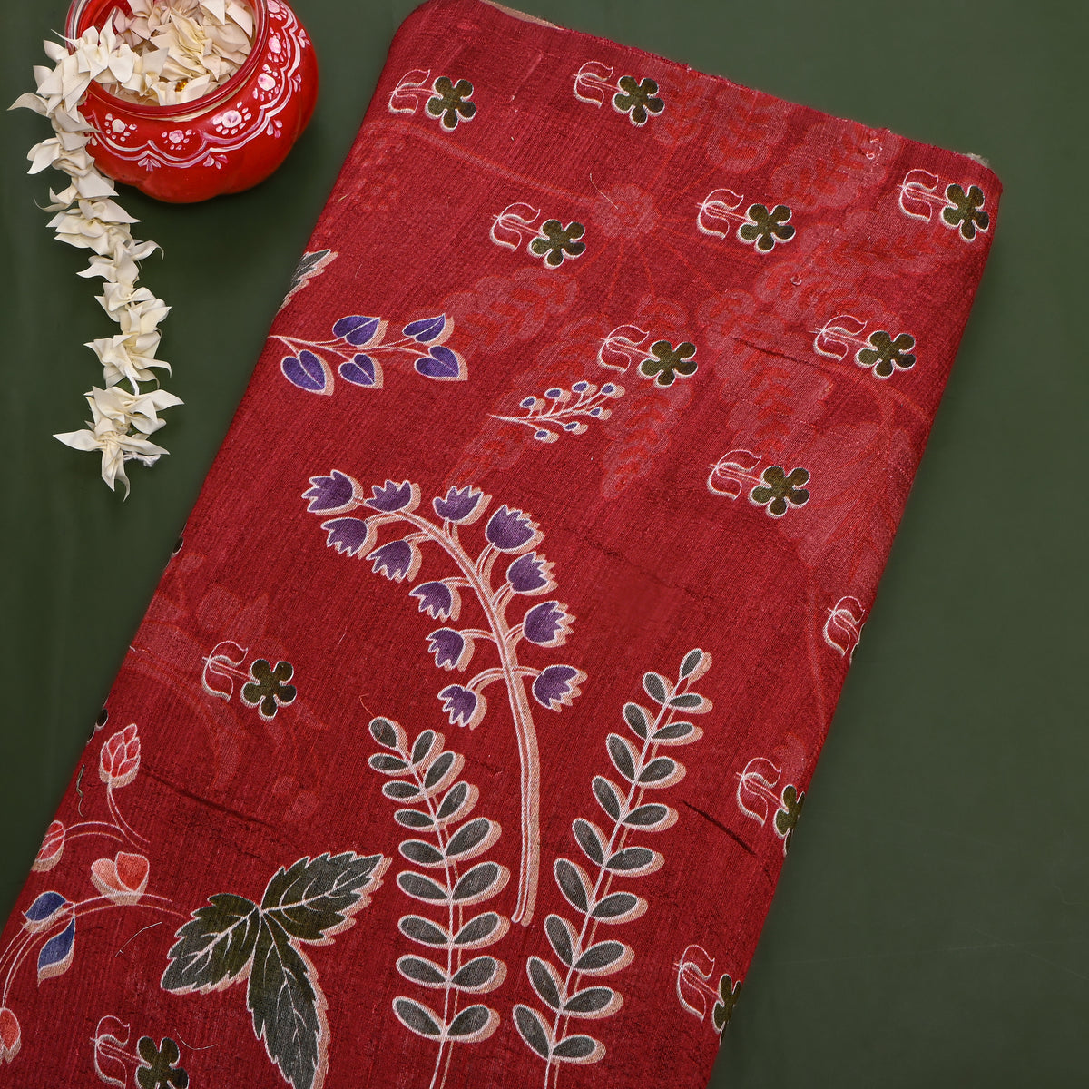 Scarlet Floral Digital Print Raw Silk Fabric