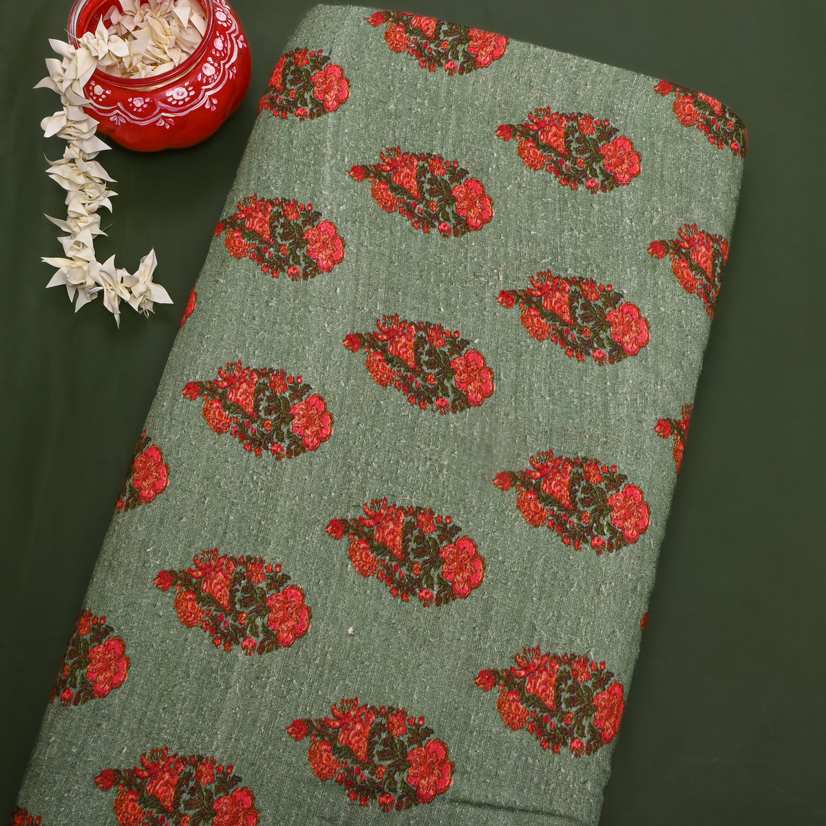 Moss Green Red Floral Butti Print TussarFabric