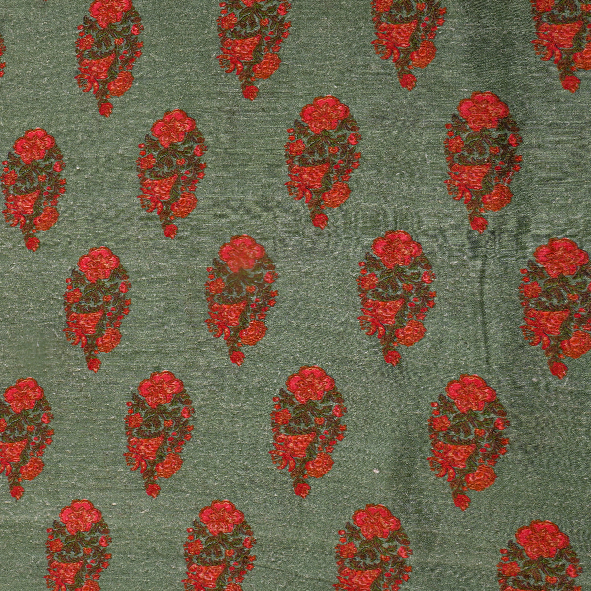 Moss Green Red Floral Butti Print TussarFabric
