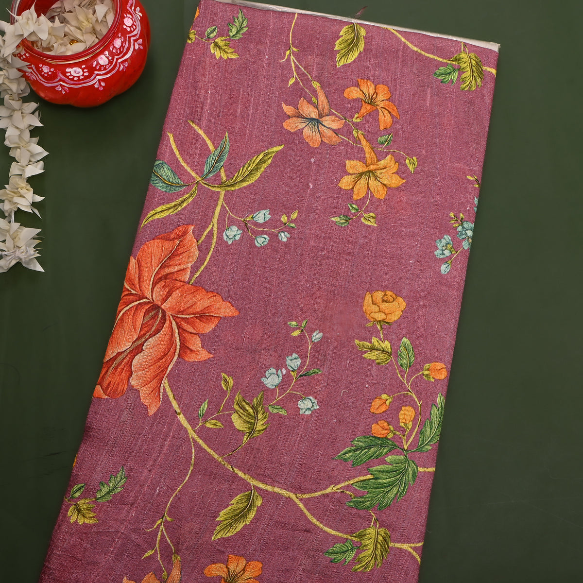 Mulberry Orange Floral Jaal Digital Print Silk Fabric