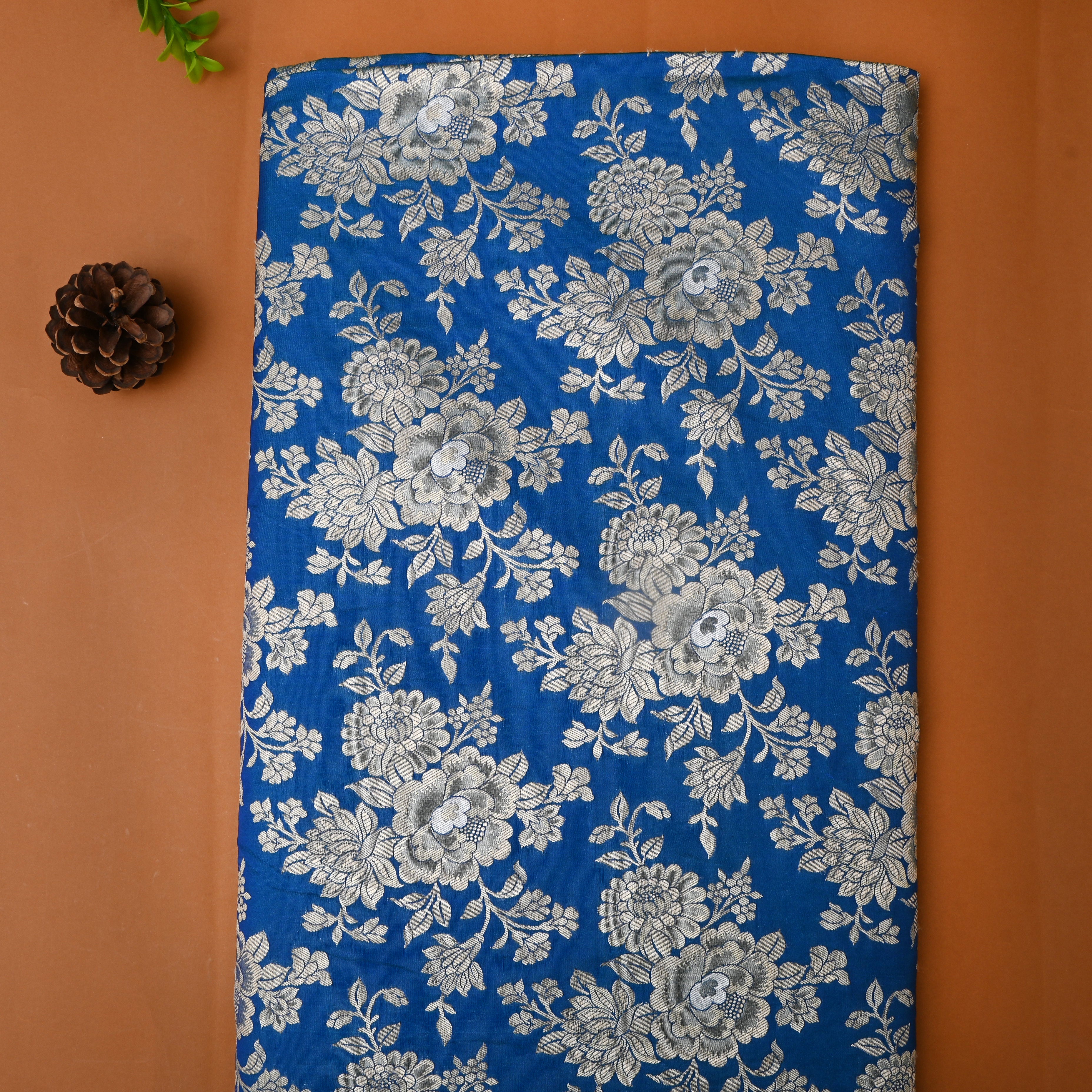 Cobalt Blue Floral Zari Silk Fabric