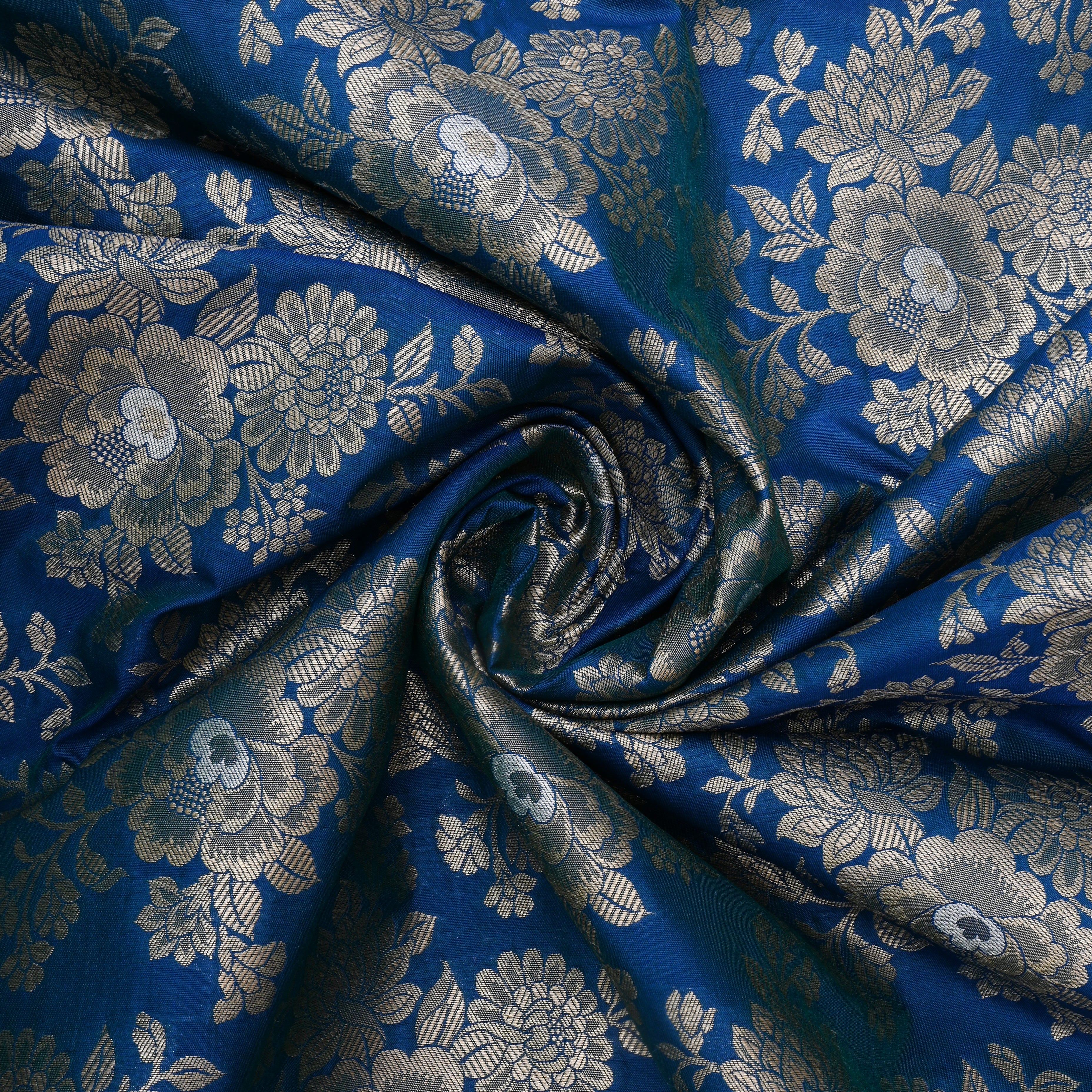 Cobalt Blue Floral Zari Silk Fabric