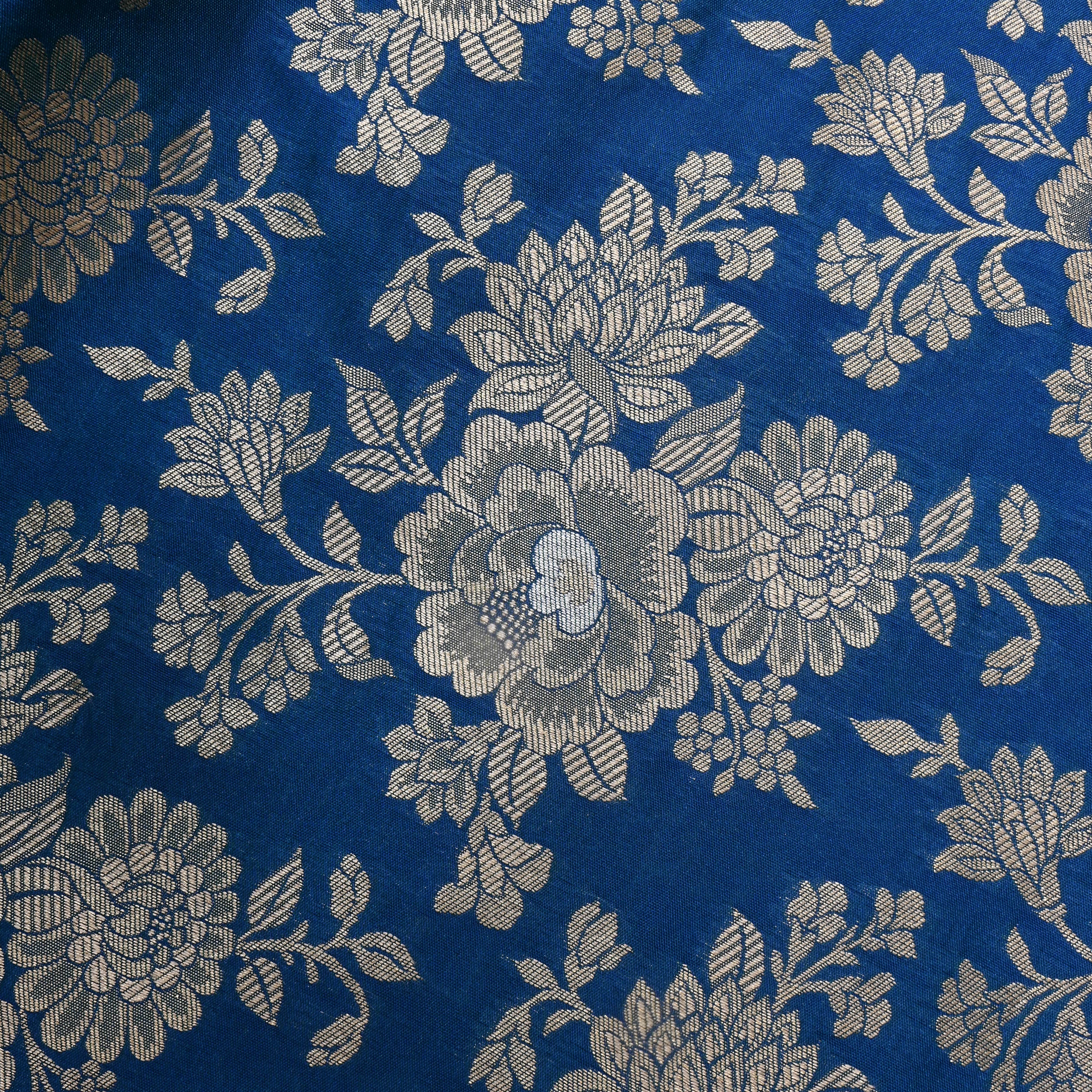 Cobalt Blue Floral Zari Silk Fabric