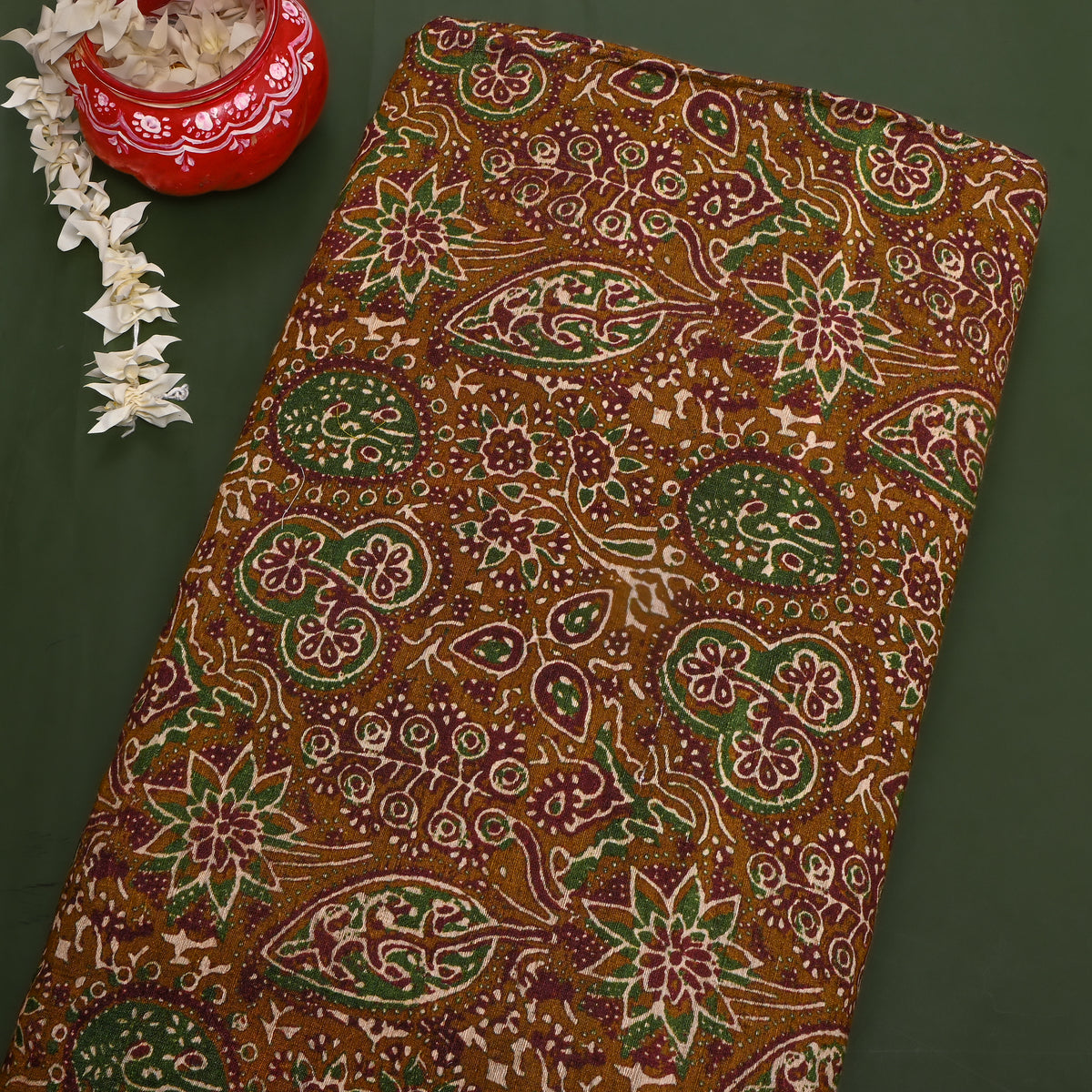 Cinnamon Brown Green Maroon Floral Digital Print TussarFabric