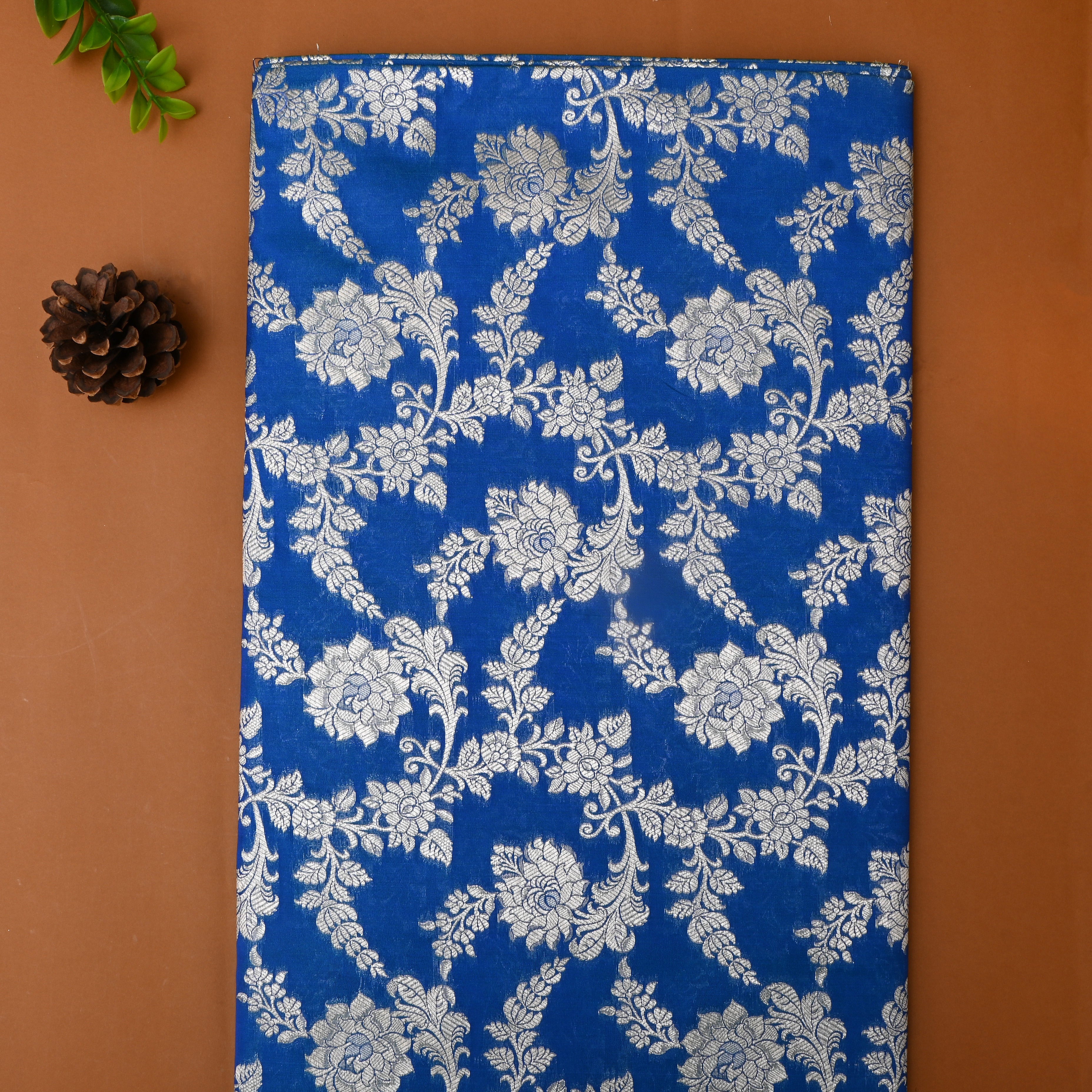 Cobalt Blue Floral Silver Zari Weave Silk Fabric
