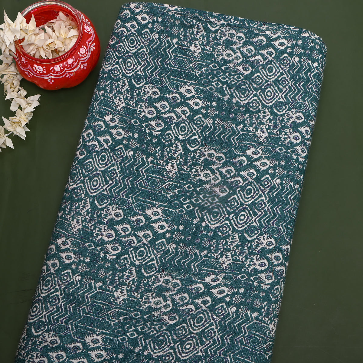 Teal Fish Geometric Digital Print Matka Silk Fabric