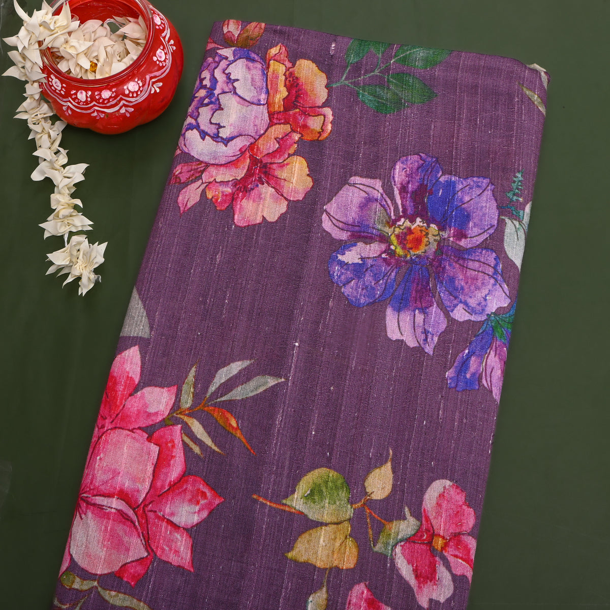 Orchid Purple Watercolour Floral Digital Print Raw Silk Fabric
