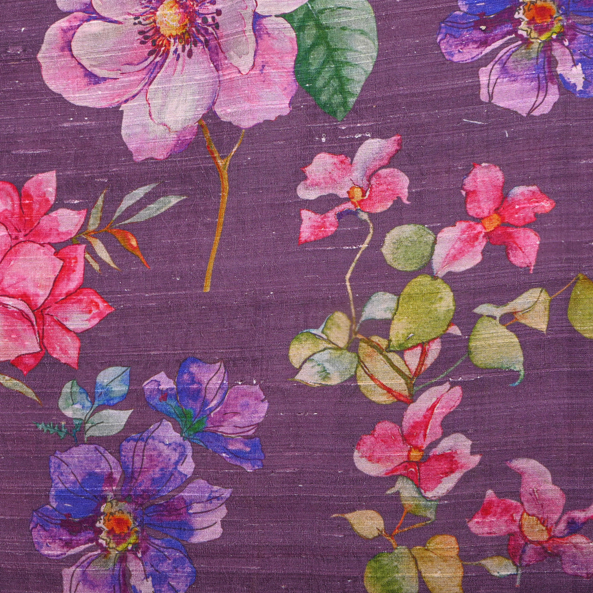 Orchid Purple Watercolour Floral Digital Print Raw Silk Fabric