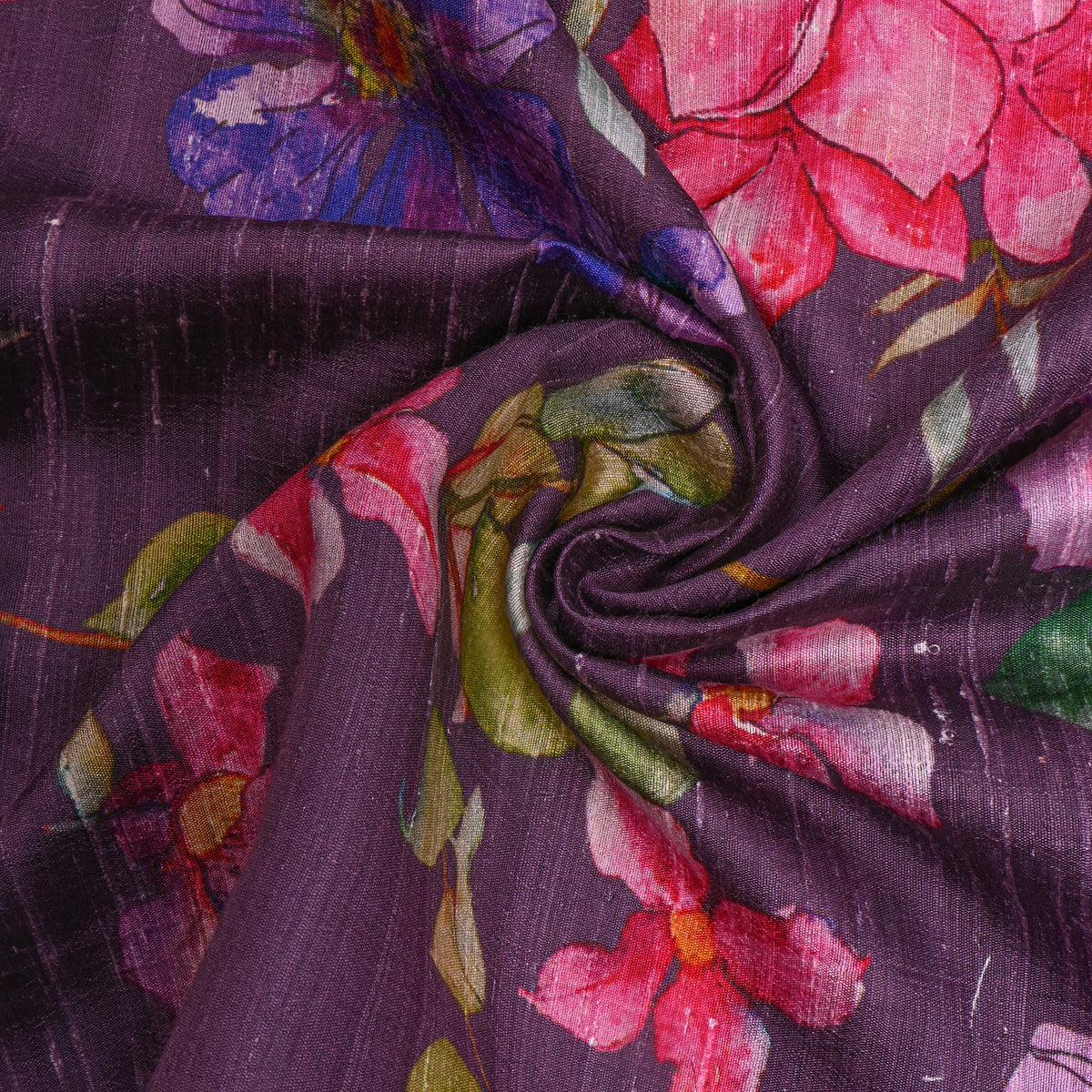 Orchid Purple Watercolour Floral Digital Print Raw Silk Fabric