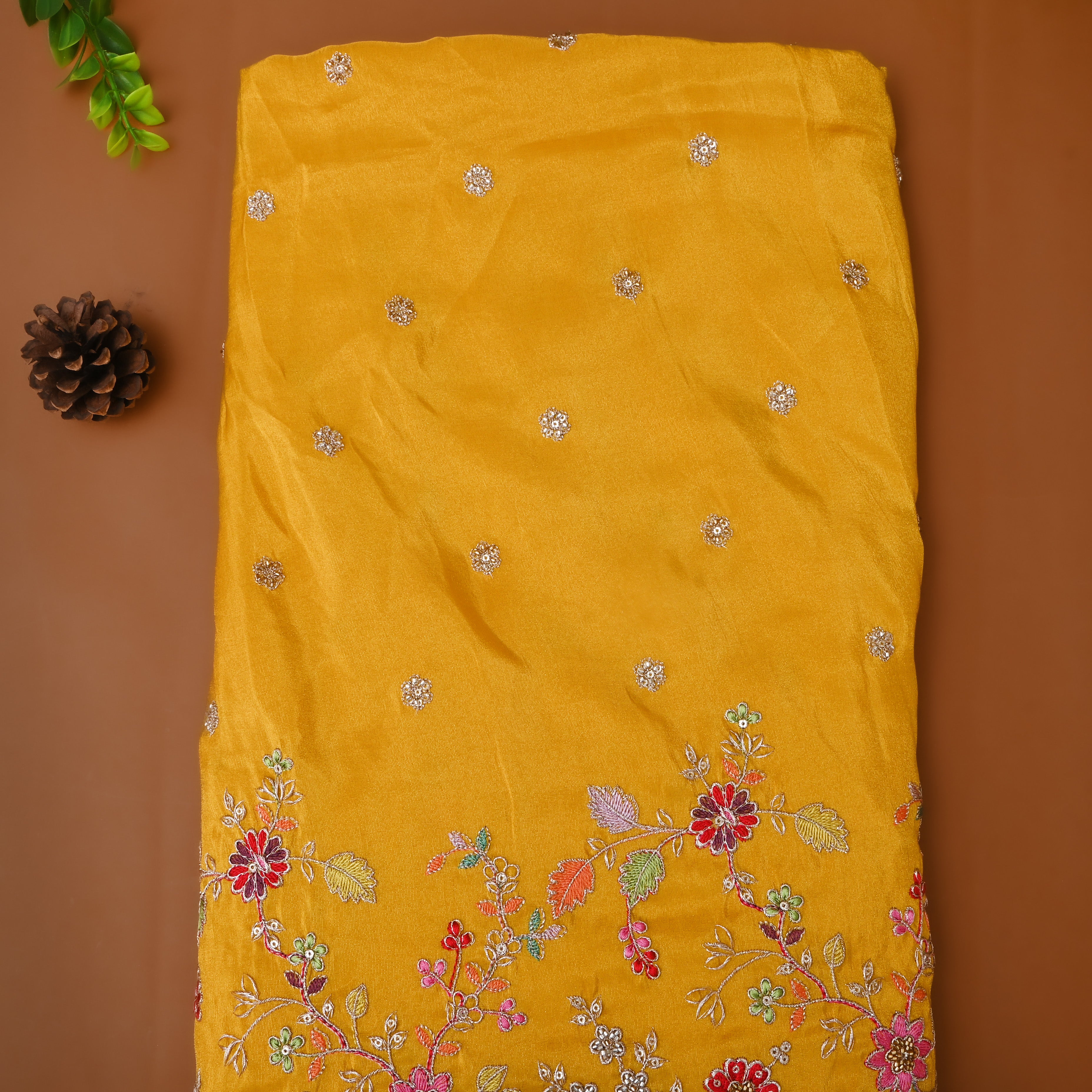 Yellow Floral Embroidered Tissue Fabric