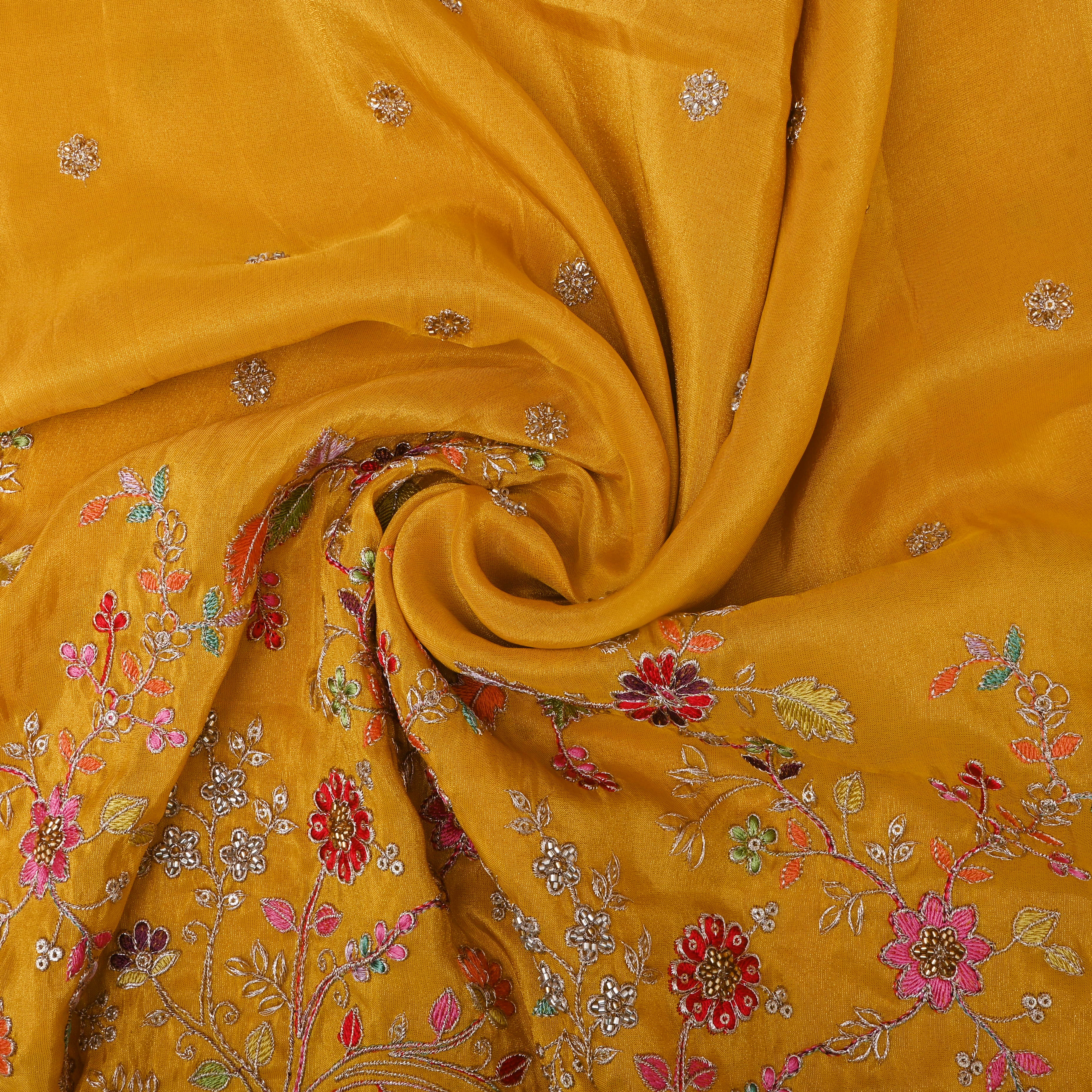 Yellow Floral Embroidered Tissue Fabric