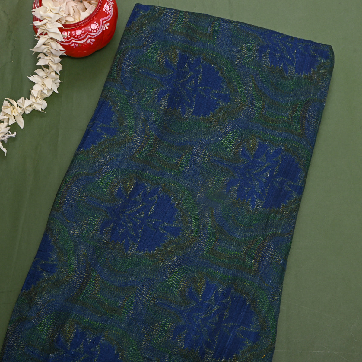 Peacock Navy Floral Butti Print Raw Silk Fabric