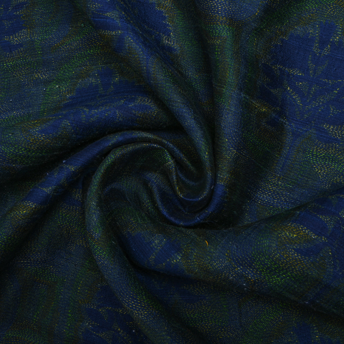 Peacock Navy Floral Butti Print Raw Silk Fabric