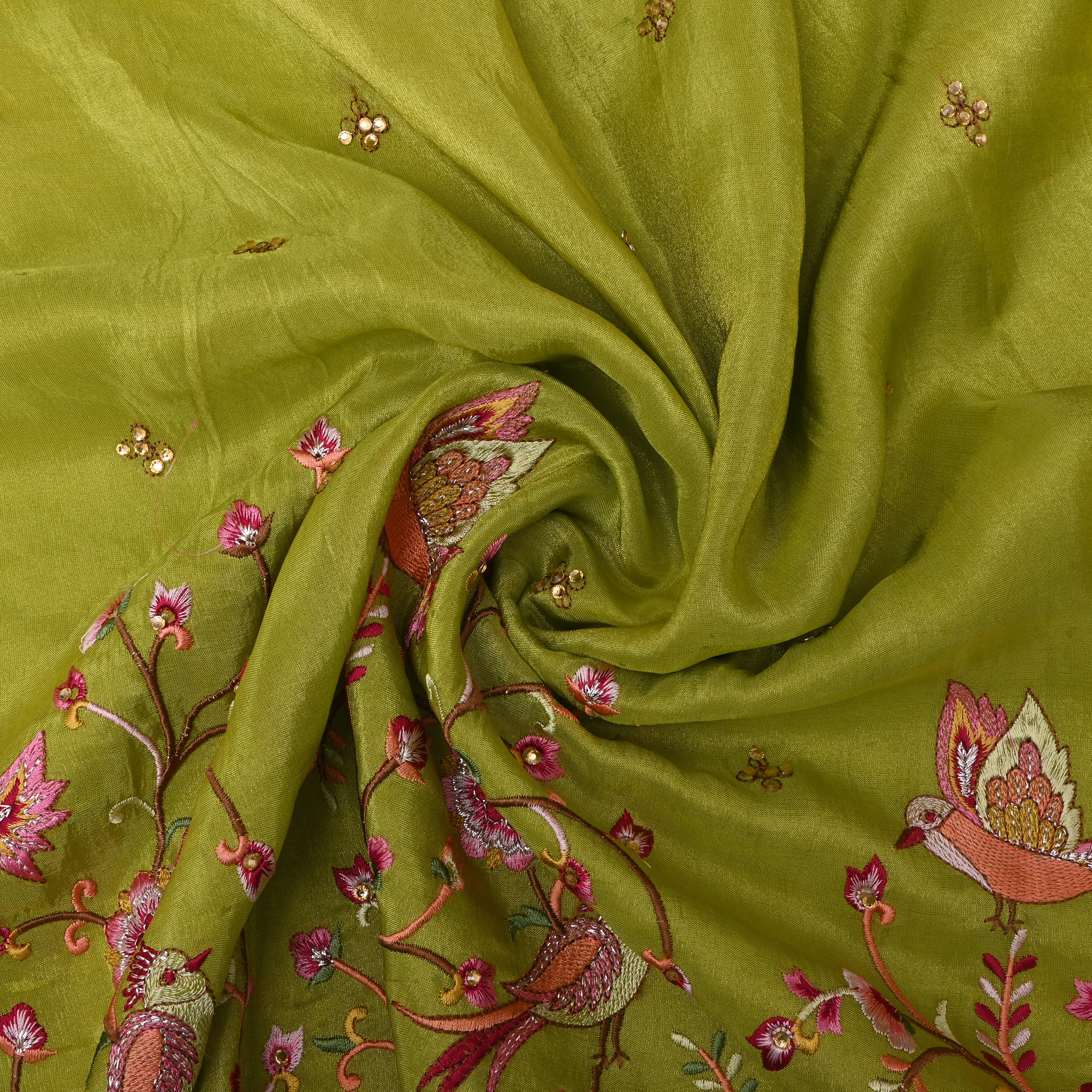 Mehendi Green Thread Embroidered Floral Tissue Fabric