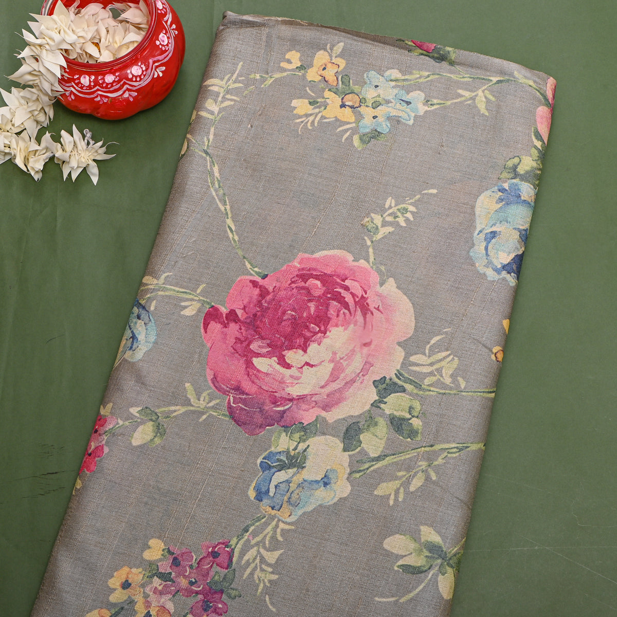 Stone Rose Floral Digital Print Tussar Fabric