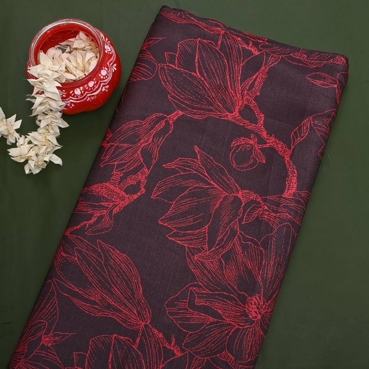 Mulberry Black Line Floral Print TussarFabric