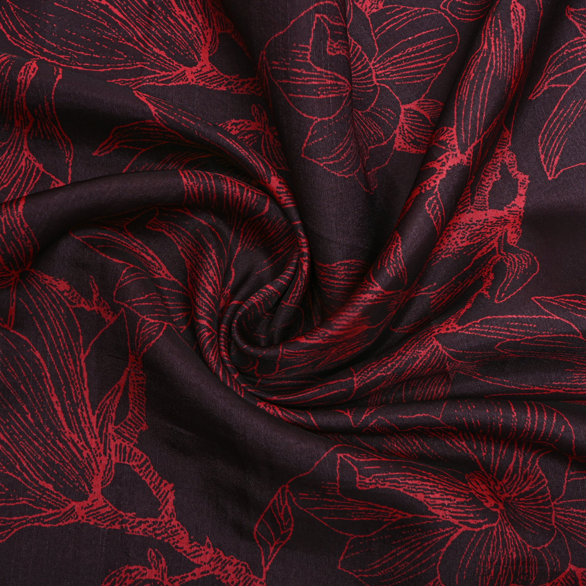 Mulberry Black Line Floral Print TussarFabric