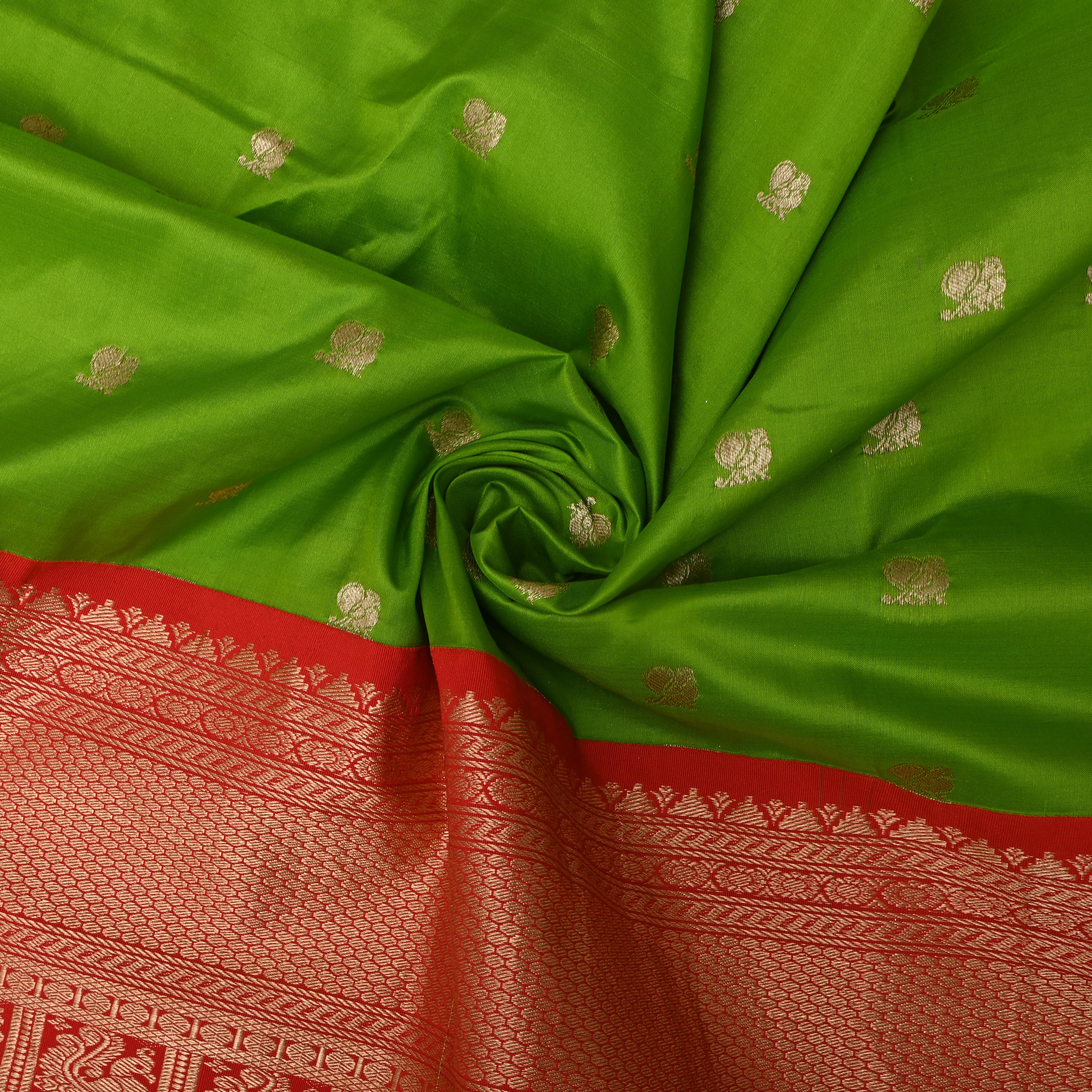 Kelly Green Floral Silk Fabric With Contrast Border