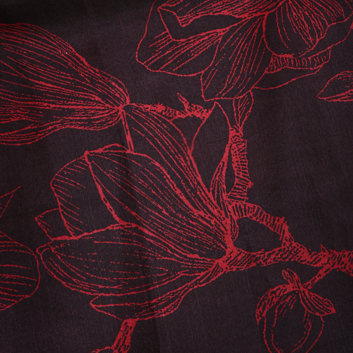 Mulberry Black Line Floral Print TussarFabric