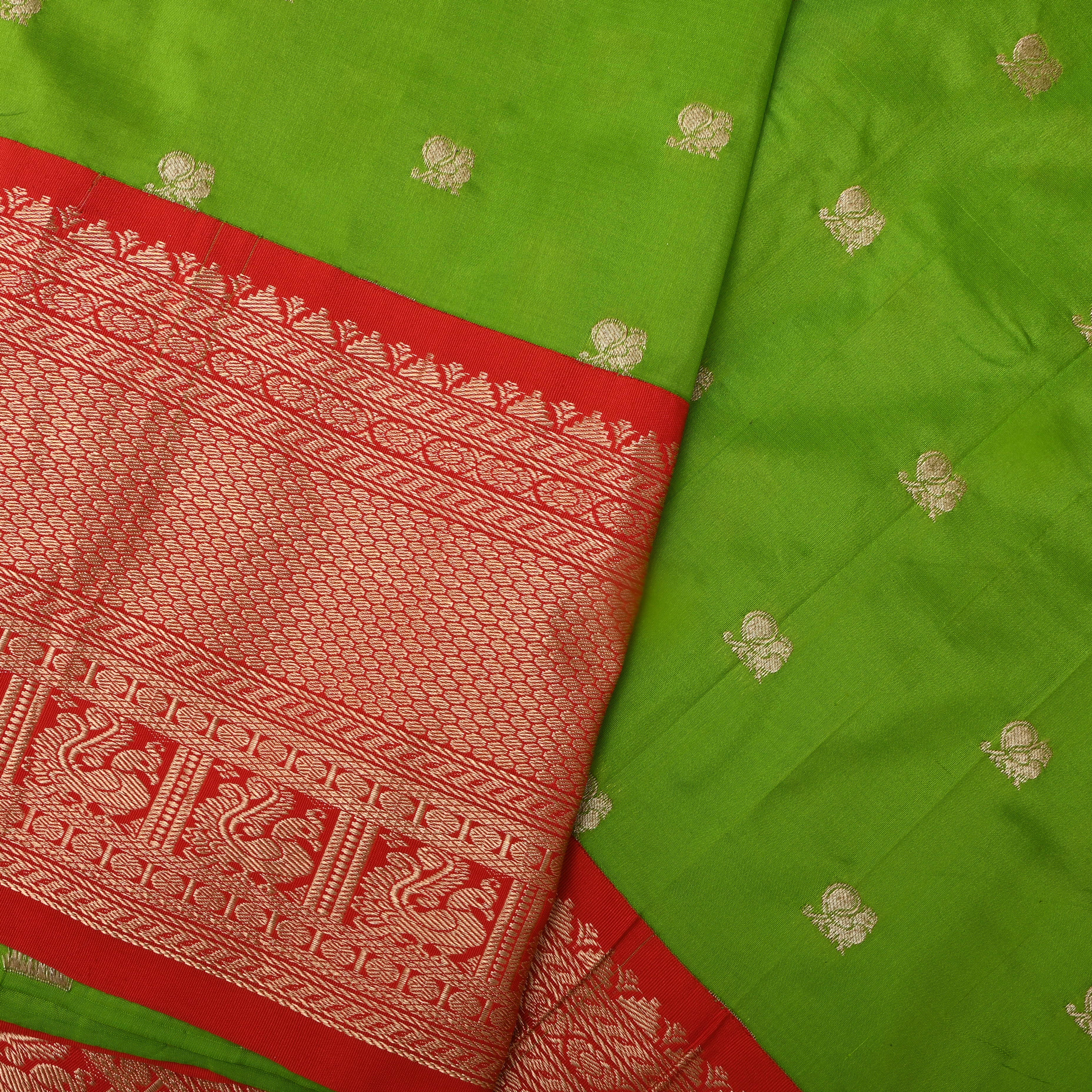 Kelly Green Floral Silk Fabric With Contrast Border