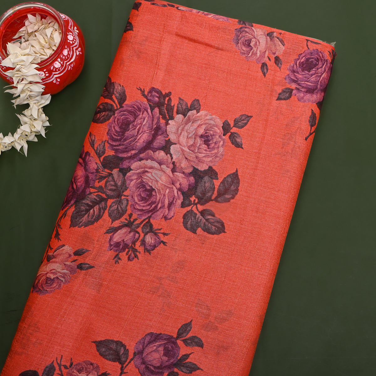 Papaya Rose Bouquet Floral Digital Print Tussar Fabric