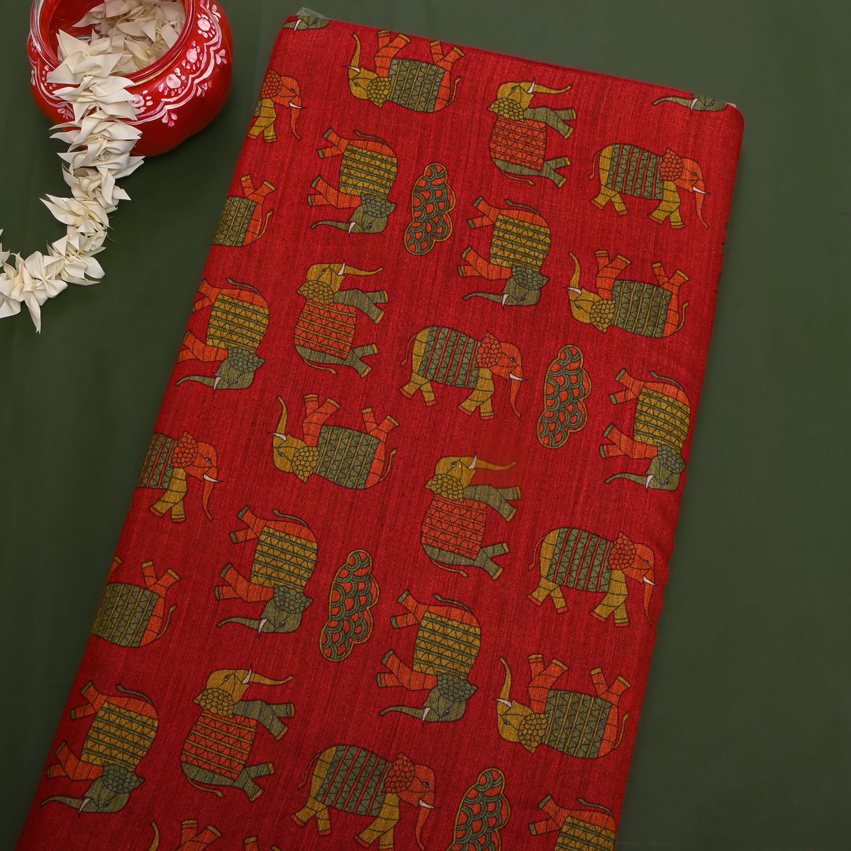 Brick Multi Elephant Digital Print Tussar Silk Fabric