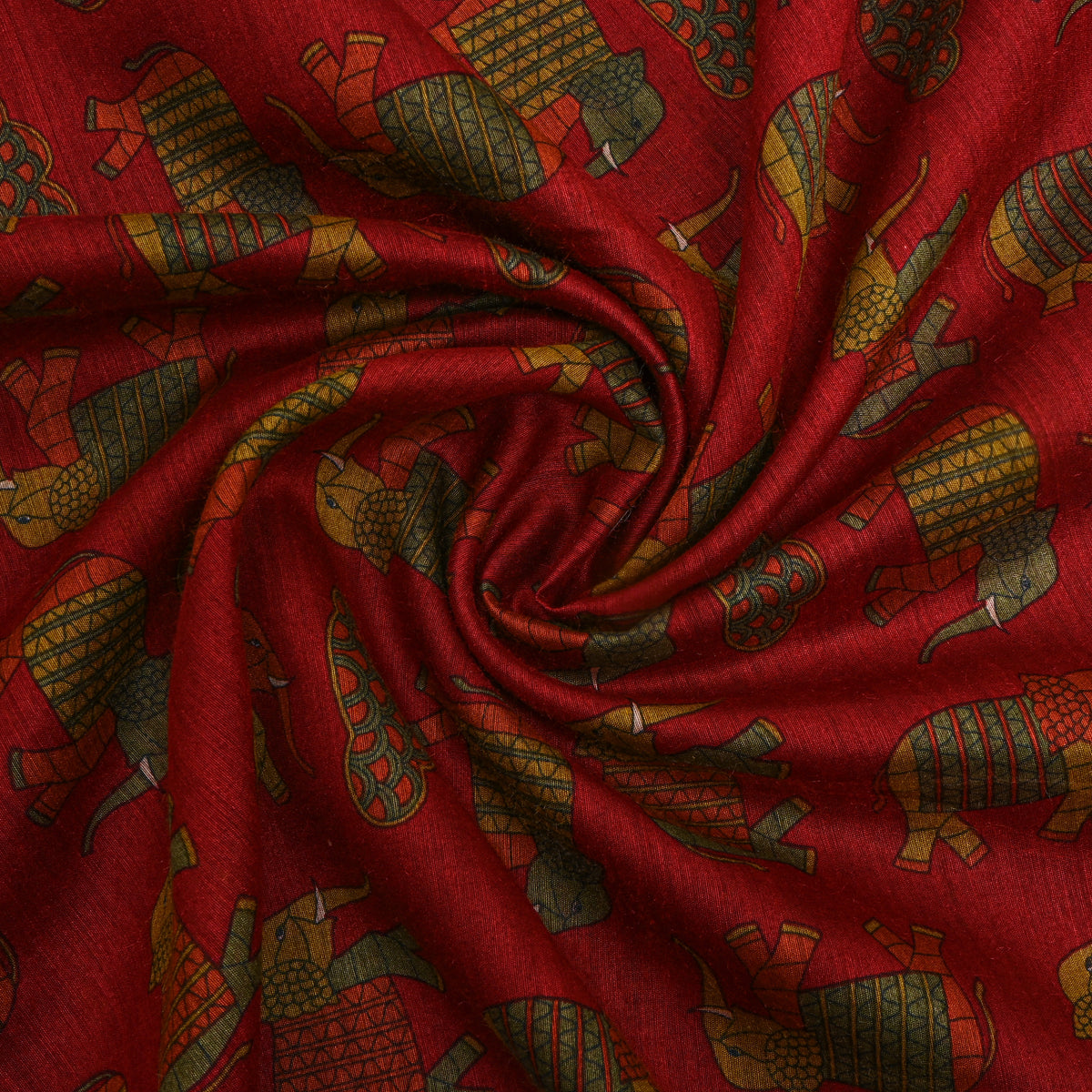 Brick Multi Elephant Digital Print Tussar Silk Fabric