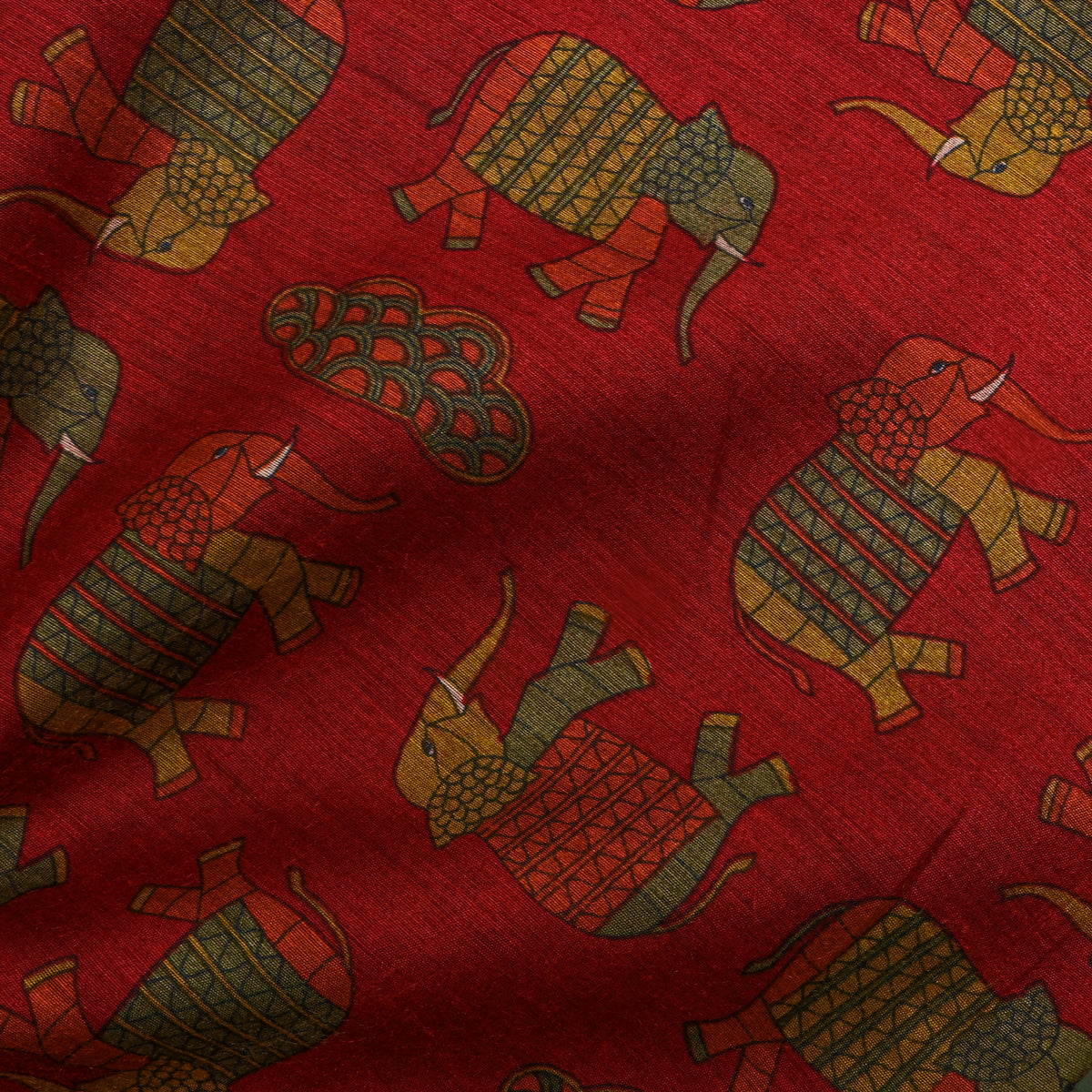 Brick Multi Elephant Digital Print Tussar Silk Fabric