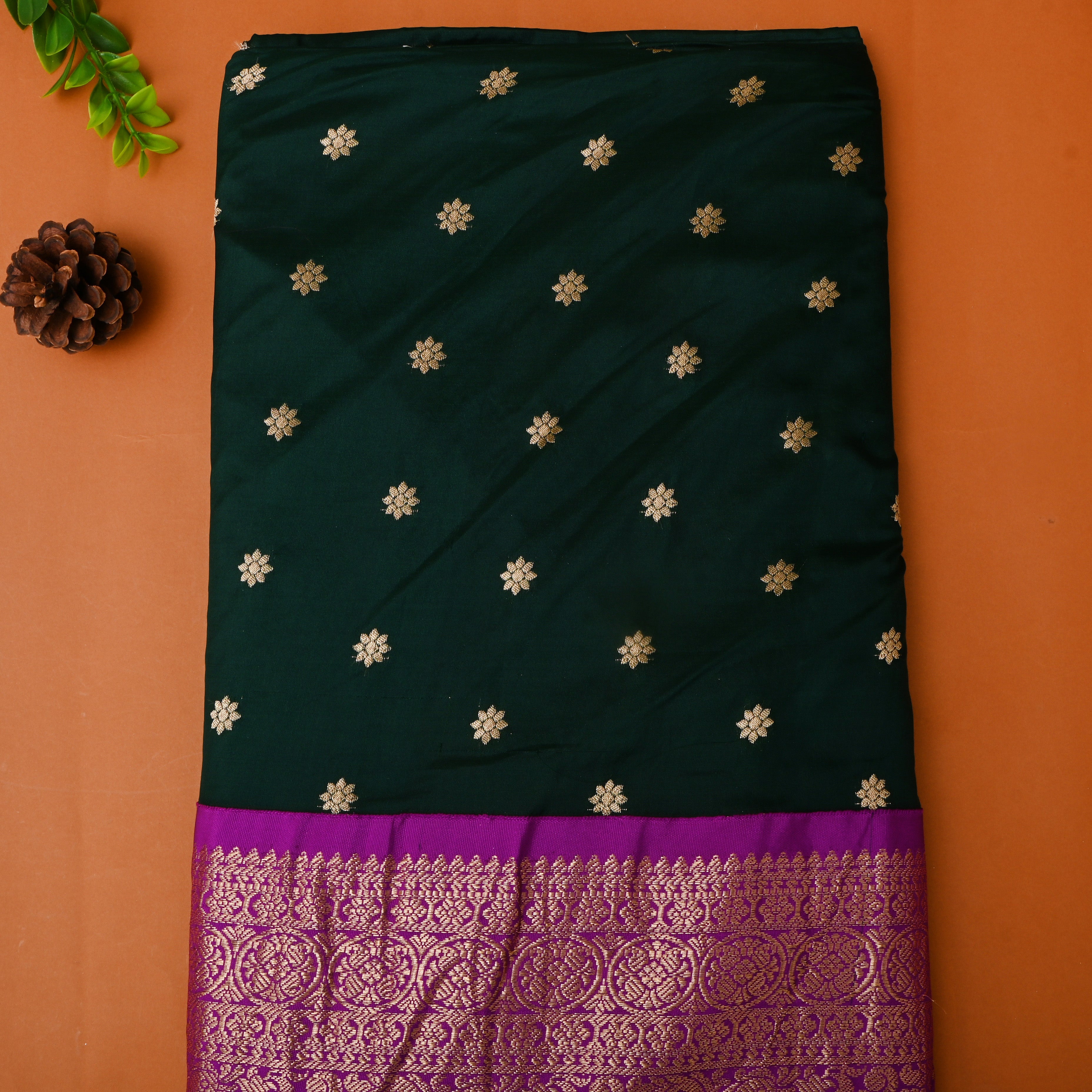 Bottle Green Floral Silk Fabric With Contrast Border