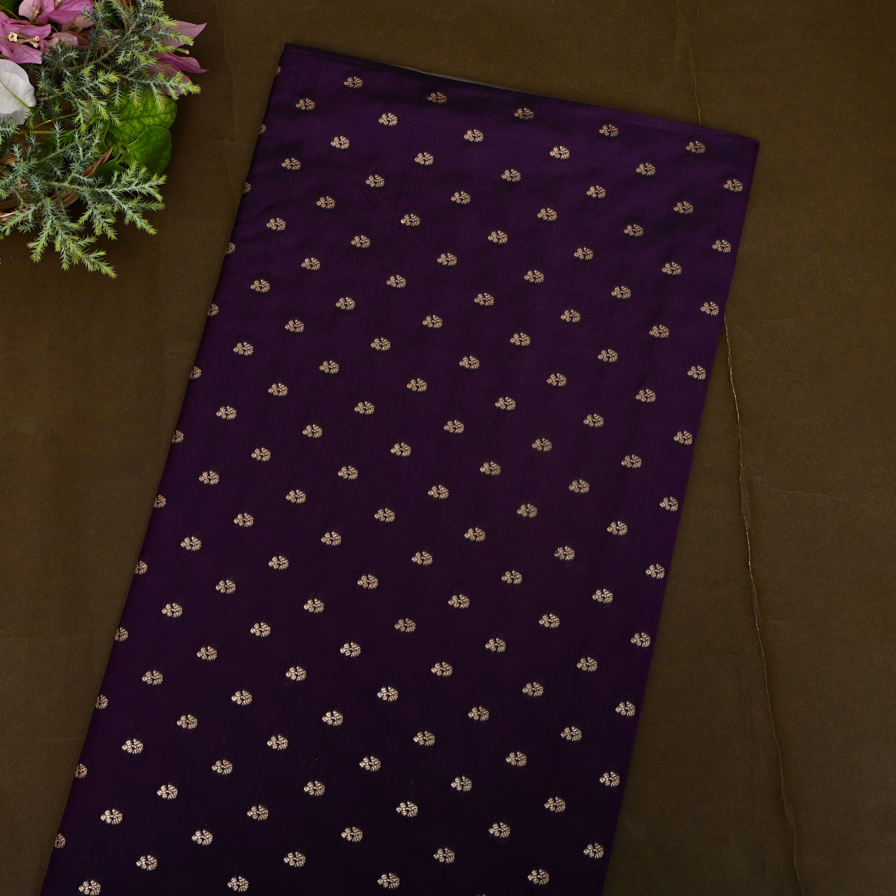 Deep Purple Jamawar Silk With Gold Floral Butti