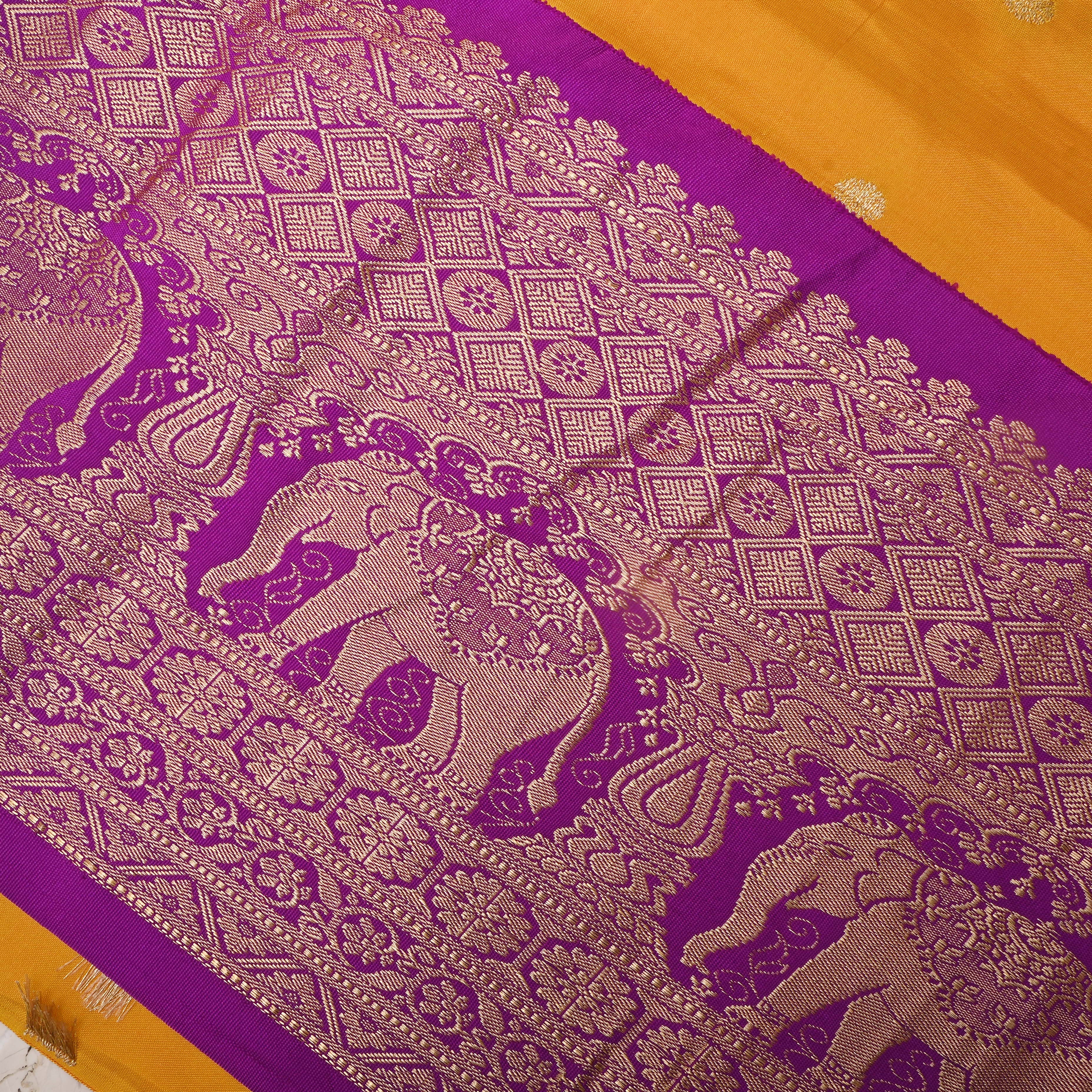 Sun Yellow Floral Silk Fabric With Contrast Border