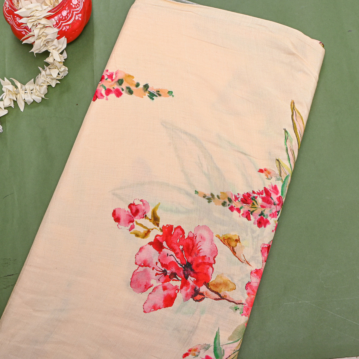Aqua Dahlia Lotus Print Satin Fabric