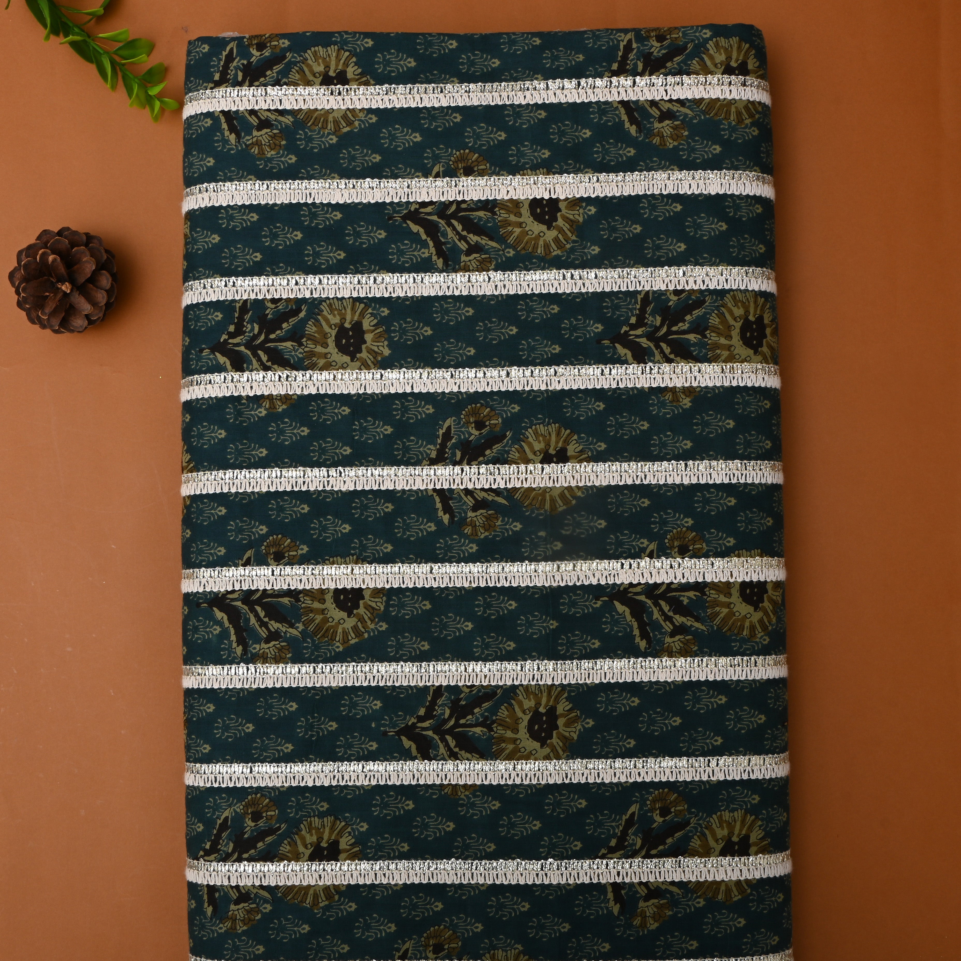 Dark Pine Green Floral Printed Cotton Fabric