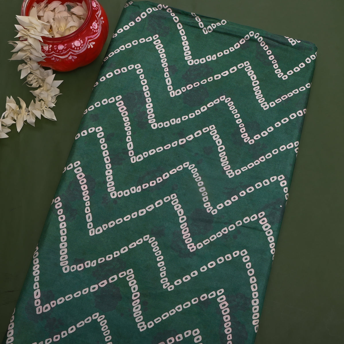 Bottle Green Bandhani Zig-Zag Print Silk Fabric