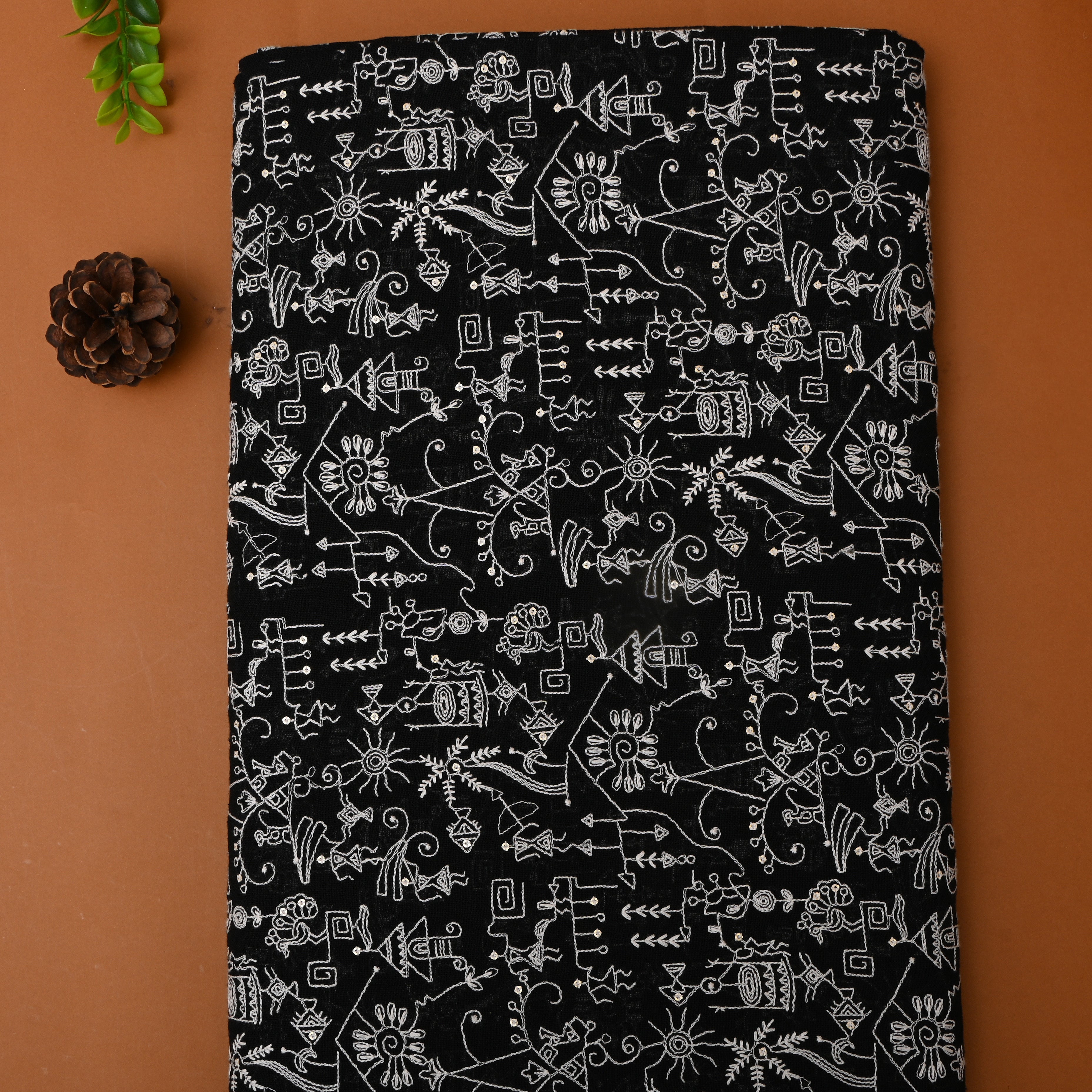 Black Thread Embroidered Linen Fabric