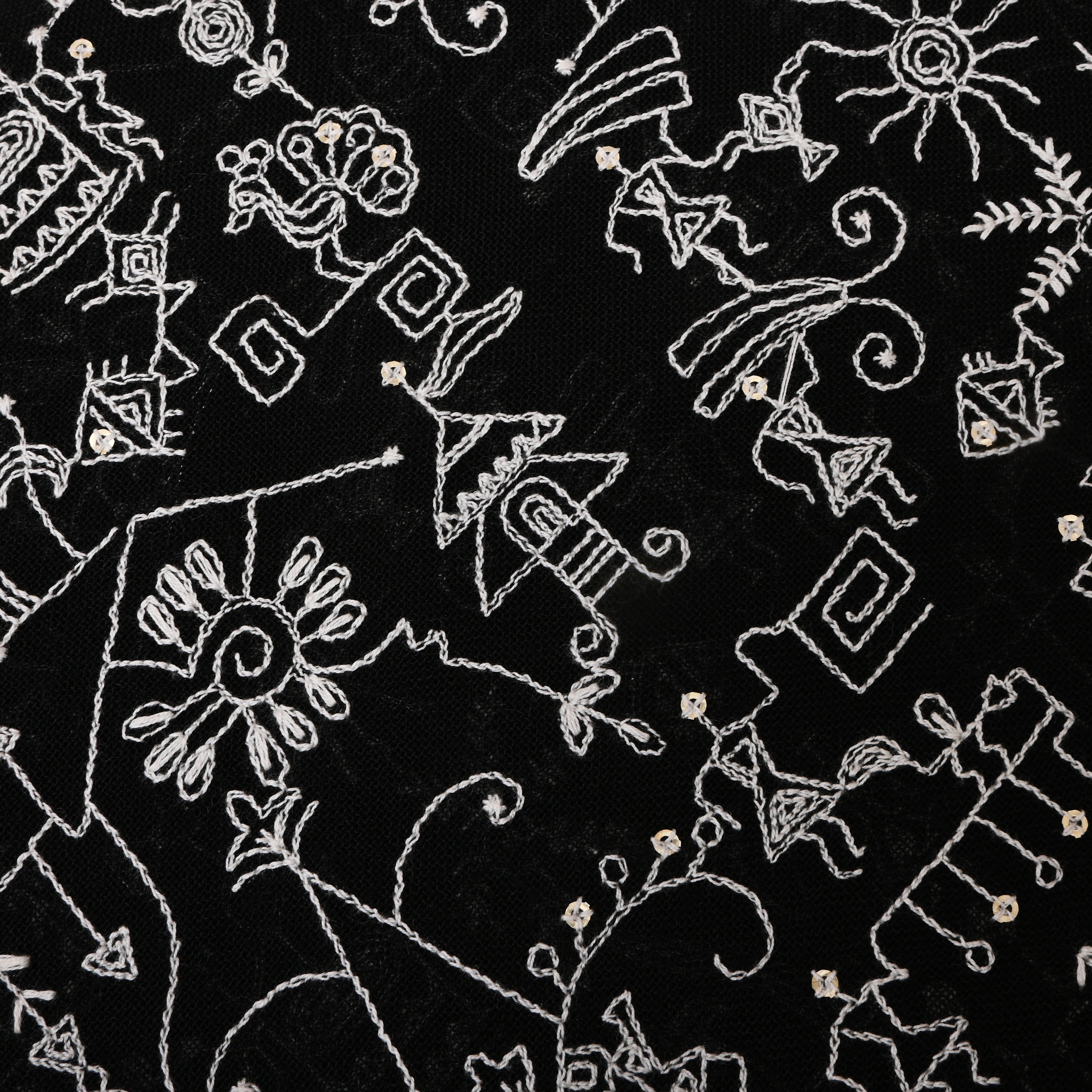 Black Thread Embroidered Linen Fabric