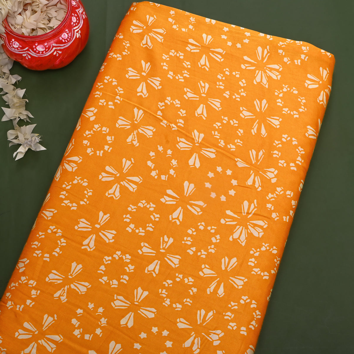 Turmeric Orange Flower Digital Print Satin Fabric