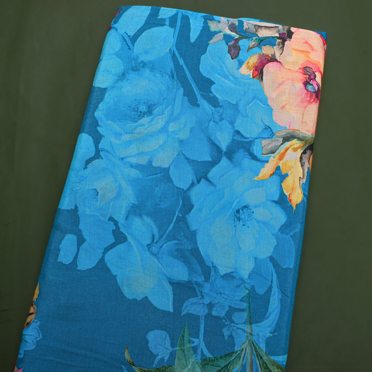Teal Blue Poppy Floral Print Satin Fabric