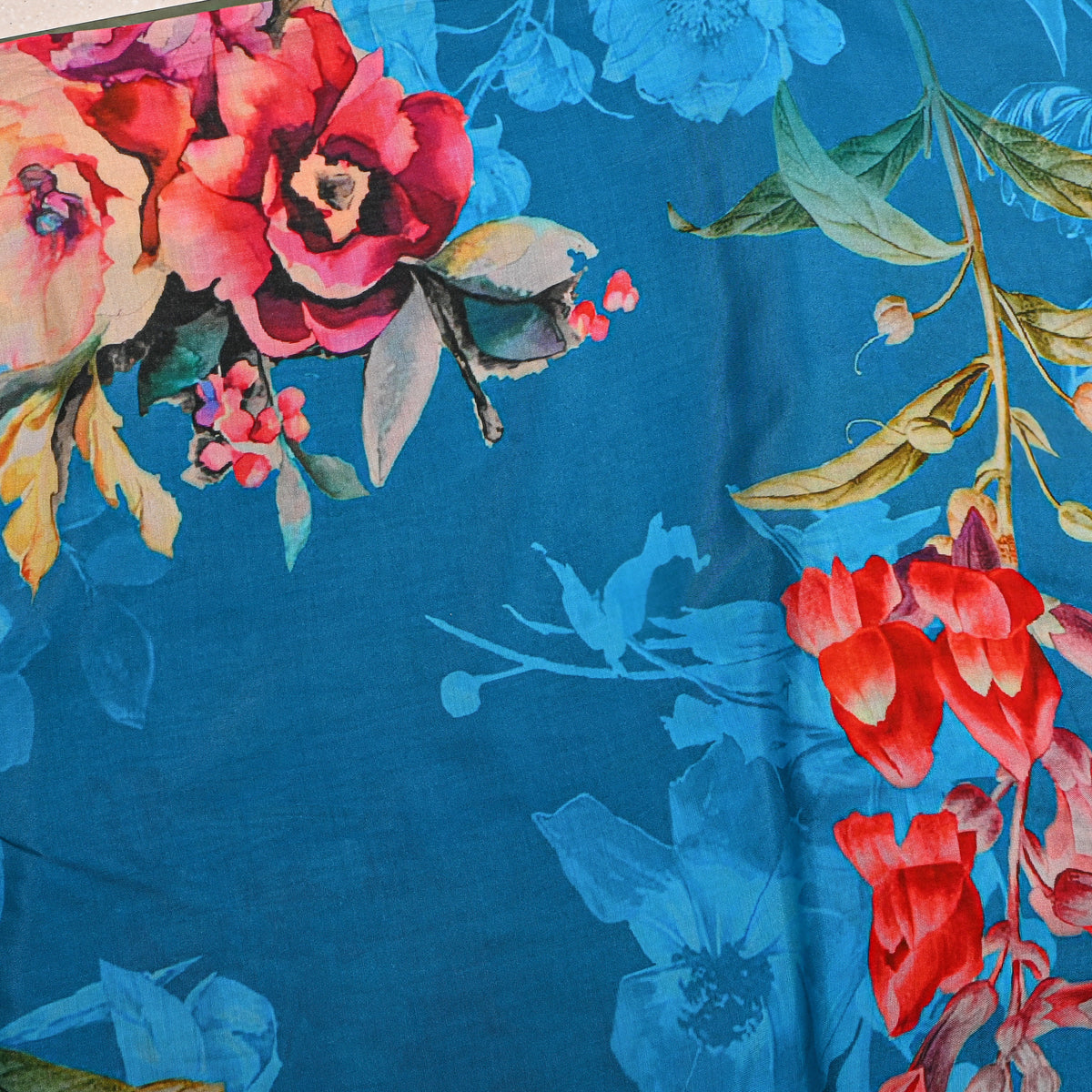 Teal Blue Poppy Floral Print Satin Fabric