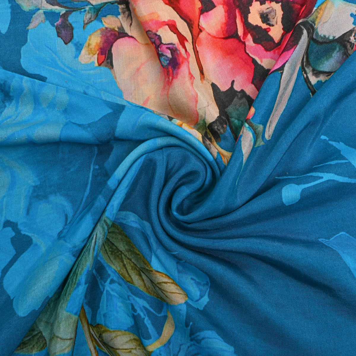 Teal Blue Poppy Floral Print Satin Fabric