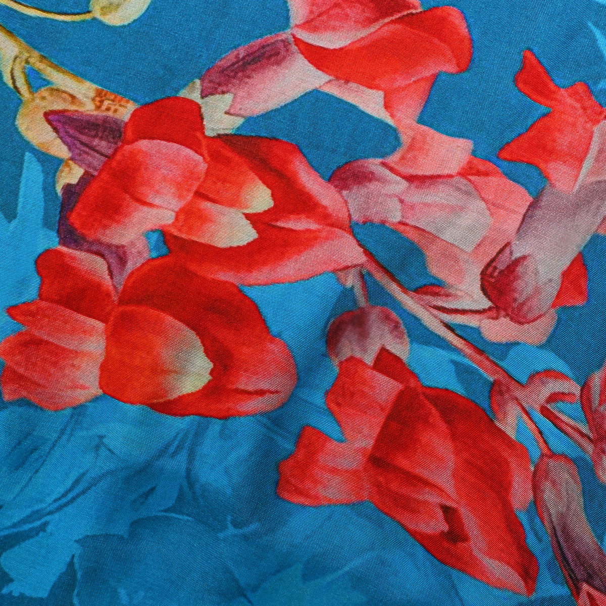 Teal Blue Poppy Floral Print Satin Fabric
