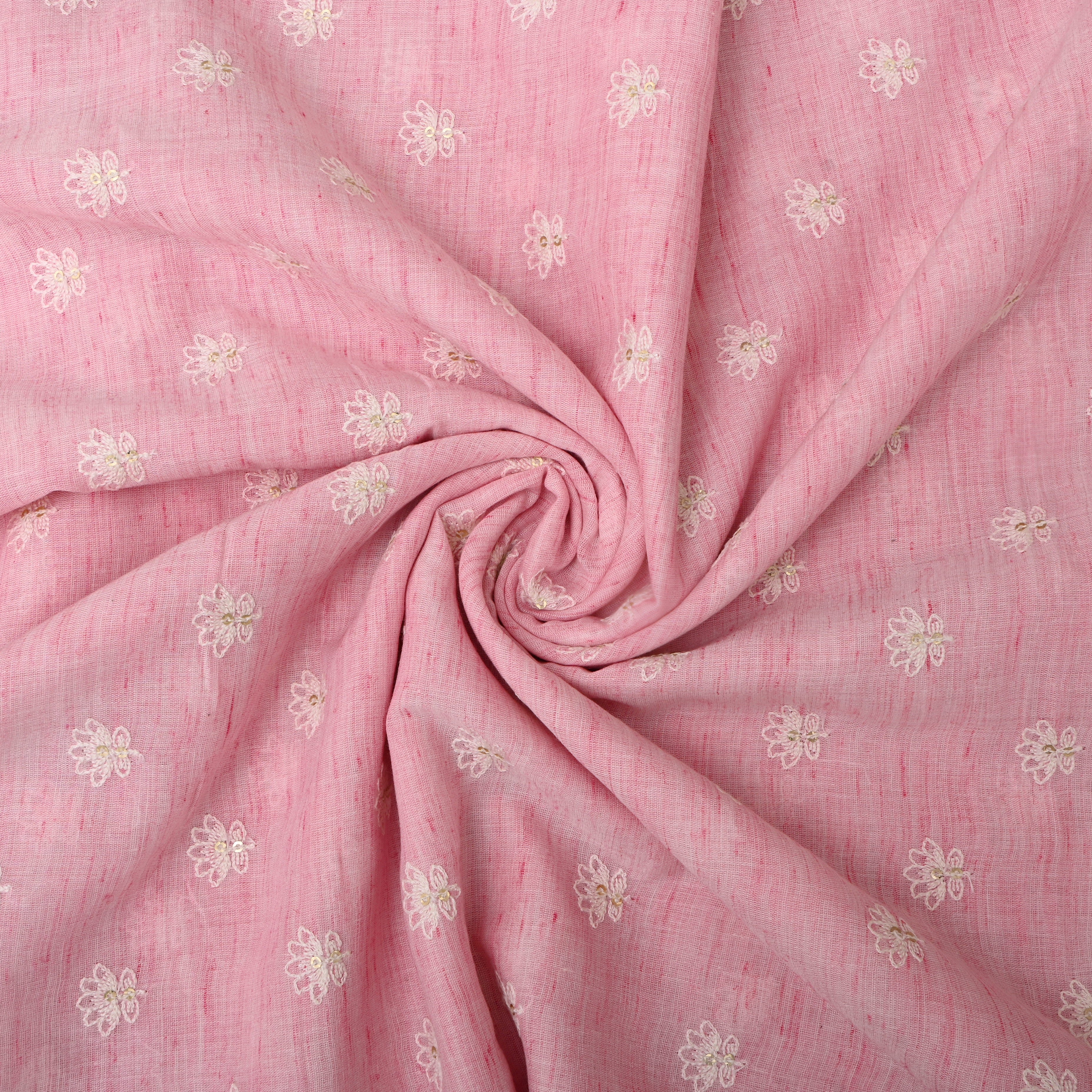 Soft Pink Floral Thread Embroidered Cotton Fabric
