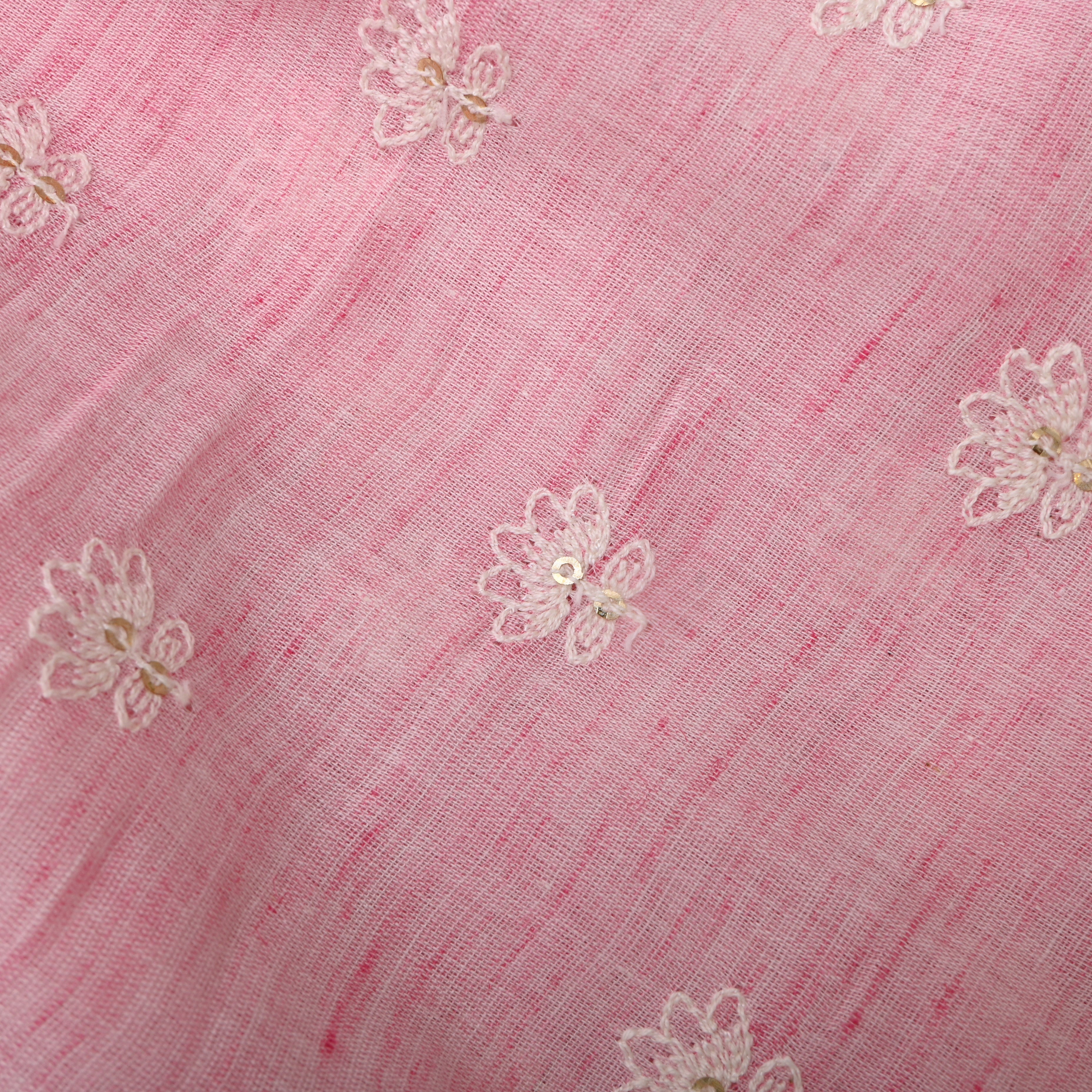 Soft Pink Floral Thread Embroidered Cotton Fabric