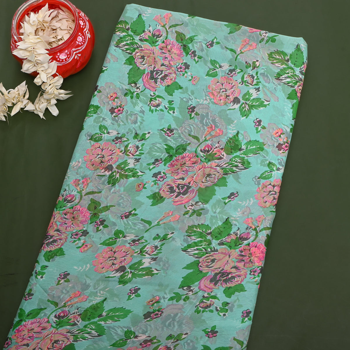 Aqua Green Floral Print Chiffon Fabric