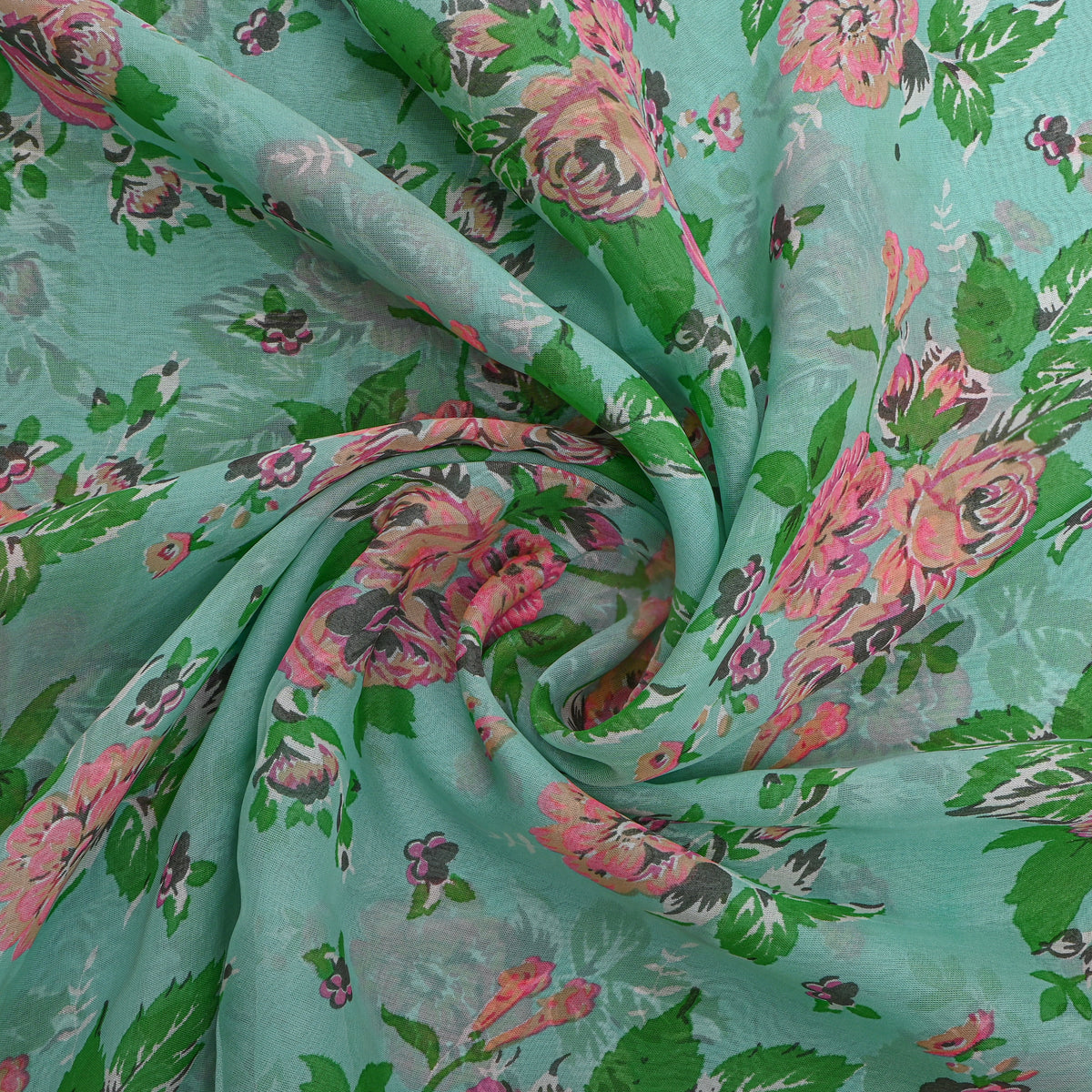 Aqua Green Floral Print Chiffon Fabric