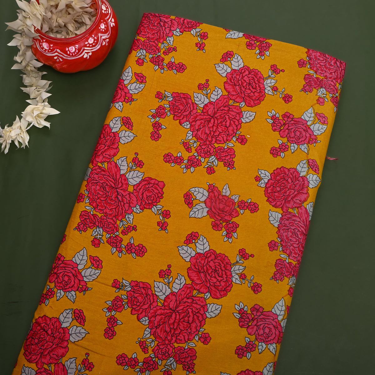 Turmeric Rose Bouquet Print Silk Fabric