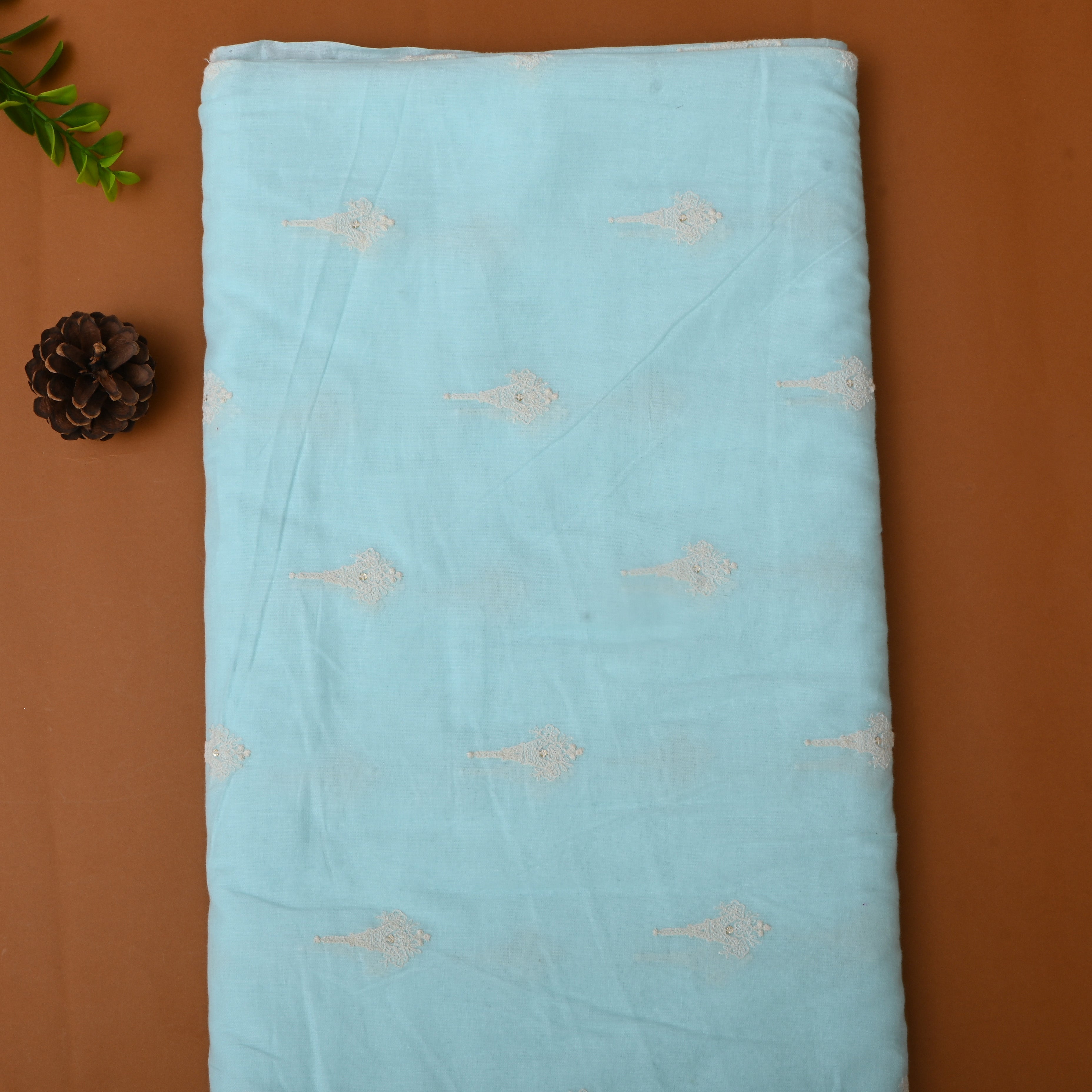 Cyan Blue Floral Thread Embroidered Cotton Fabric
